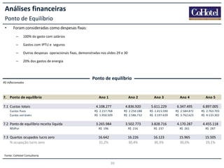 Análises financeiras
Ponto de Equilíbrio
•

Foram consideradas como despesas fixas:
–

100% do gasto com salários

–

Gastos com IPTU e seguros

–

Outras despesas operacionais fixas, demonstradas nos slides 29 e 30

–

20% dos gastos de energia

Ponto de equilíbrio
R$ Inflacionados

7. Ponto de equilíbrio
7.1 Custos totais
Custos fixos
Custos variáveis

7.2 Ponto de equilíbrio receita líquida
REVPor

7.3 Quartos ocupados lucro zero
% ocupação lucro zero

Ano 1

Ano 2

Ano 3

Ano 4

Ano 5

4.108.277

4.836.920

5.611.229

6.347.495

6.897.005

R$ 2.157.768
R$ 1.950.509

R$ 2.250.188
R$ 2.586.732

R$ 2.413.590
R$ 3.197.639

R$ 2.584.872
R$ 3.762.623

R$ 2.763.703
R$ 4.133.302

3.265.984

3.502.773

3.828.716

4.170.287

4.455.118

R$ 196

R$ 216

R$ 237

R$ 261

R$ 287

16.642
31,2%

16.226
30,4%

16.123
30,3%

15.965
30,0%

15.505
29,1%

Fonte: CoHotel Consultoria

39

 
