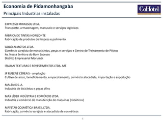 Economia de Pidamonhangaba
Principais Industrias instaladas
EXPRESSO MIRASSOL LTDA.
Transporte, armazenagem, manuseio e serviços logísticos
FÁBRICA DE TINTAS HORIZONTE
Fabricação de produtos de limpeza e polimento
GOLDEN MOTOS LTDA.
Comércio varejista de motocicletas, peças e serviços e Centro de Treinamento de Pilotos
Av. Nossa Senhora do Bom Sucesso
Distrito Empresarial Morumbi
ITALIAN TEXTURAS E REVESTIMENTOS LTDA. ME
JF RUZENE CEREAIS - ampliação
Cultivo de arroz, beneficiamento, empacotamento, comércio atacadista, importação e exportação
MALENIX S. A.
Indústria de bicicletas e peças afins
MAX LÍDER INDÚSTRIA E COMÉRCIO LTDA.
Indústria e comércio de manutenção de máquinas (robóticos)
MAYSTAR COSMÉTICA BRASIL LTDA.
Fabricação, comércio varejista e atacadista de cosméticos
6

 