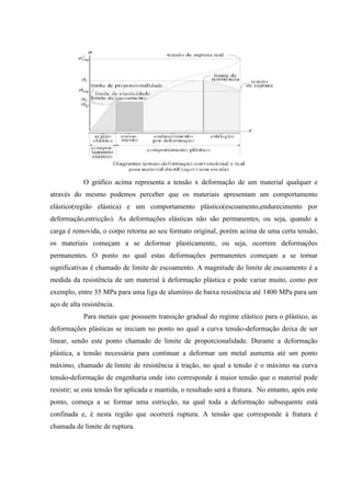 O gráfico acima representa a tensão x deformação de um material qualquer e
através do mesmo podemos perceber que os materiais apresentam um comportamento
elástico(região elástica) e um comportamento plástico(escoamento,endurecimento por
deformação,estricção). As deformações elásticas não são permanentes, ou seja, quando a
carga é removida, o corpo retorna ao seu formato original, porém acima de uma certa tensão,
os materiais começam a se deformar plasticamente, ou seja, ocorrem deformações
permanentes. O ponto no qual estas deformações permanentes começam a se tornar
significativas é chamado de limite de escoamento. A magnitude do limite de escoamento é a
medida da resistência de um material à deformação plástica e pode variar muito, como por
exemplo, entre 35 MPa para uma liga de alumínio de baixa resistência até 1400 MPa para um
aço de alta resistência.
Para metais que possuem transição gradual do regime elástico para o plástico, as
deformações plásticas se iniciam no ponto no qual a curva tensão-deformação deixa de ser
linear, sendo este ponto chamado de limite de proporcionalidade. Durante a deformação
plástica, a tensão necessária para continuar a deformar um metal aumenta até um ponto
máximo, chamado de limite de resistência à tração, no qual a tensão é o máximo na curva
tensão-deformação de engenharia onde isto corresponde à maior tensão que o material pode
resistir; se esta tensão for aplicada e mantida, o resultado será a fratura. No entanto, após este
ponto, começa a se formar uma estricção, na qual toda a deformação subsequente está
confinada e, é nesta região que ocorrerá ruptura. A tensão que corresponde à fratura é
chamada de limite de ruptura.

 