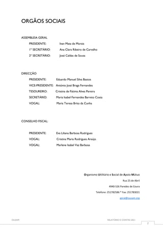 OUSAM RELATÓRIO E CONTAS 2021
2
ORGÃOS SOCIAIS
ASSEMBLEIA GERAL
PRESIDENTE: Ivan Mata de Morais
1º SECRETÁRIO: Ana Clara Ribeiro de Carvalho
2º SECRETÁRIO: José Caldas de Sousa
DIRECÇÃO
PRESIDENTE: Eduardo Manuel Silva Bastos
VICE-PRESIDENTE: António José Braga Fernandes
TESOUREIRO: Cristina de Fátima Alves Pereira
SECRETÁRIO: Maria Isabel Fernandes Barreto Costa
VOGAL: Maria Teresa Brito da Cunha
CONSELHO FISCAL:
PRESIDENTE: Eva Liliana Barbosa Rodrigues
VOGAL: Cristina Maria Rodrigues Araújo
VOGAL: Marlene Isabel Vaz Barbosa
Organismo Utilitário e Social de Apoio Mútuo
Rua 25 de Abril
4940-526 Paredes de Coura
Telefone: 251782586 * Fax: 251783021
geral@ousam.org
 