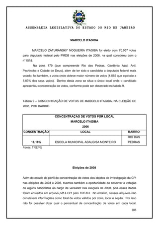 ASSEMBLÉIA LEGISLATIVA DO ESTADO DO RIO DE JANEIRO
108
MARCELO ITAGIBA
MARCELO ZATURANSKY NOGUEIRA ITAGIBA foi eleito com 70.057 votos
para deputado federal pelo PMDB nas eleições de 2006, na qual concorreu com o
n°1518.
Na zona 179 (que compreende Rio das Pedras, Gardênia Azul, Anil,
Pechincha e Cidade de Deus), além de ter sido o candidato a deputado federal mais
votado, foi também, a zona onde obteve maior número de votos (4.085 que equivale a
5,83% dos seus votos). Dentro desta zona se situa o único local onde o candidato
apresentou concentração de votos, conforme pode ser observado na tabela 9.
Tabela 9 – CONCENTRAÇÃO DE VOTOS DE MARCELO ITAGIBA, NA ELEIÇÃO DE
2006, POR BAIRRO
CONCENTRAÇÃO DE VOTOS POR LOCAL
MARCELO ITAGIBA
2006
CONCENTRAÇÃO LOCAL BAIRRO
18,16% ESCOLA MUNICIPAL ADALGISA MONTEIRO
RIO DAS
PEDRAS
Fonte: TRE/RJ
Eleições de 2008
Além do estudo do perfil de concentração de votos dos objetos de investigação da CPI
nas eleições de 2004 e 2006, tivemos também a oportunidade de observar a votação
de alguns candidatos ao cargo de vereador nas eleições de 2008, pois esses dados
foram enviados em arquivo pdf à CPI pelo TRE/RJ. No entanto, nesses arquivos não
constavam informações como total de votos válidos por zona, local e seção. Por isso
não foi possível dizer qual o percentual de concentração de votos em cada local.
 