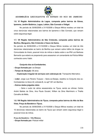 ASSEMBLÉIA LEGISLATIVA DO ESTADO DO RIO DE JANEIRO
130
1.6. VI Região Administrativa da Lagoa, composta pelos bairros da Gávea,
Ipanema, Jardim Botânico, Lagoa, Leblon, São Conrado e Vidigal.
No período de 30/06/2008 a 31/10/2008 o Disque Milícia recebeu um total de
cinco denúncias relacionadas aos bairros de Ipanema e São Conrado, que versam
sobre segurança legal.
1.7. VII Região Administrativa de São Cristovão, composta pelos bairros de
Benfica, Mangueira, São Cristovão e Vasco da Gama.
No período de 30/06/2008 a 31/10/2008 o Disque Milícia recebeu um total de três
denúncias relacionadas ao bairro de Benfica que versam sobre tráfico de drogas na
Comunidade do Arará, possível início de milícia e dados sobre o ex-PM Luiz Barbosa
Bernardo que estaria se preparando para assassinar um comandante da Polícia Militar
conhecido como Valdir.
Conjunto dos ex-Combatentes.
- Grupo formado por: ex-Desipe
- Tempo de Atuação: 06 anos
- Exploração irregular de serviços com cobranças de: Transporte Alternativo.
- Líder: Jorge Luiz Pereira Turques – Seria ex-Desipe, residiria no Conjunto dos ex-
Combatentes no bloco 22, entrada B, no aptº 301 em Benfica.
- Outros dados julgados úteis:
- Seria o autor de vários assassinatos na Tijuca, sendo as vítimas: Carlos
André Batista da Silva, Ana Paula Goulart, Willian da Silva Marinheiro e Thalita
Carvalho de Mello.
1.8. VIII Região Administrativa da Tijuca, composta pelos bairros do Alto da Boa
Vista, Praça da Bandeira e Tijuca.
No período de 30/06/2008 a 31/10/2008 o Disque Milícia recebeu um total de
10 denúncias relacionadas ao bairro da Tijuca que versam sobre segurança ilegal e
possível início de milícia.
Praça da Bandeira – Vila Mimosa
- Grupo formado por: Policial militar
 