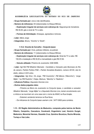 ASSEMBLÉIA LEGISLATIVA DO ESTADO DO RIO DE JANEIRO
137
- Grupo formado por: civis e não identificados.
- Número de milicianos: 04 (relacionadas no Disque Milícia).
- Exploração irregular de serviços com cobrança de: Segurança de moradores
R$ 30,00; gás e sinal de TV a cabo.
- Formas de Intimidação: Ameaças, agressões e torturas.
- Lider: Mário Jorge
- Integrantes: Bruno, “Cicinho” e “Dodô”.
1.14.2. Vicente de Carvalho - Conjunto Ipase
- Grupo formado por: Civis, policias militares, ex-policial.
- Número de milicianos: 11 (relacionados no Disque Milícia).
- Exploração irregular de serviços com cobrança de: Sinal de TV a cabo: R$
150,00 a instalação e R$ 30,00 a mensalidade e gás R$ 37,00.
- Veículo utilizado: Próximo do Juramento: GSK 8099.
- Líder: Sgt Ref PM Wladimir Mamede - Candidato a Vereador pelo Município do Rio
de Janeiro, Partido Político PSB – Partido Socialista Brasileiro, número 40140, não foi
eleito, obteve 4.023 votos.
- Integrantes: Sgt Artur, Cb Jorge, “PM Cosminho”, PM Márcio (“Marcinho”), ”Jorge
Mijão”, “ex-PM Paulinho”, Felipe, Marluce, “Marinho” e “Nadinho”.
- Influência Política: Deputado Dionísio Lins
- Outros dados julgados úteis:
- Próximo ao Morro do Juramento no Conjunto Ipase, o candidato a vereador
Wladimir Mamede, “Jorge Mijão” e o Deputado Dionísio Lins, teriam envolvimento com
a milicia e se reuniriam em uma casa com o nome de ANAC na Rua Anajás.
- Estariam vendendo terrenos na Rua Nove.
- Os milicianos do Conjunto Ipase usariam o tel.: 3477-0900 para contatos.
1.15 - XV Região Administrativa de Madureira, composta pelos bairros de Bento
Ribeiro, Campinho, Cascadura, Cavalcanti, Engenheiro Leal, Honório Gurgel,
Madureira, Marechal Hermes, Oswaldo Cruz, Quintino Bocaiúva, Rocha Miranda,
Turiaçu e Vaz Lobo.
 