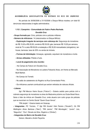 ASSEMBLÉIA LEGISLATIVA DO ESTADO DO RIO DE JANEIRO
138
No período de 30/06/2008 a 31/10/2008 o Disque Milícia recebeu um total 63
denúncias relacionadas à região administrativa.
1.15.1. Campinho - Comunidade do Fubá e Pedra Rachada.
Osvaldo Cruz
- Grupo formado por: Civis, policiais civis e policiais militares.
- Número de milicianos: 14 (relacionados no Disque Milícia).
- Exploração irregular de serviços com cobrança de: Segurança de moradores
de R$ 15,00 a R$ 20,00; comércio R$ 35,00; gás, barracas R$ 15,00 por semana,
sinal de TV a cabo R$ 50,00 a instalação e R$ 35,00 mensalidade (obrigatório), lan
house, barracas, taxa de 30% na venda de imóveis.
- Formas de Intimidação: Ameaças, agressão, expulsam de moradores e morte.
- Armas utilizadas: Pistola e fuzis.
- Local de pagamento e/ou reunião:
- No Campo do Falcon em Osvaldo Cruz.
- Na Associação de Moradores na Ladeira Felizardo Alves, em frente ao Mercado
Multi Market.
- No Campo do Tomeló.
- No salão de cabeleireiro do Rogério na Rua Comendador Pinto.
- Os milicianos usariam combustível que seriam retirados de viaturas oficiais.
- Líderes:
Sgt. PM Marcos Vieira Souza (“Falcon”) – Estaria cedido para polícia civil e
cobraria segurança de moradores na área de Madureira próximo ao Clube Brasil Novo.
Seria o líder da milícia em Oswaldo Cruz, onde atuaria com outro grupo de policiais
que se reuniriam no Centro Social ―Quem Ousa Vence‖.
“PM Janjão” - Estaria lotado em Sulacap.
- Integrantes: PC Tarcisio, 1º Sgt PM Goulart Vital Pereira (“Goulart”), Cb PM
Wellington Alves Barbosa (“Nan”), “PM Janine”, “PM Mondegão”, “Junior”, Léo,
“Neguinho”, “Ovo”, Renato da Silva, Rogério e (“Zimba”).
- Integrantes do Bairro de Osvaldo Cruz:
Geison, Macalé e André Peçanha.
 