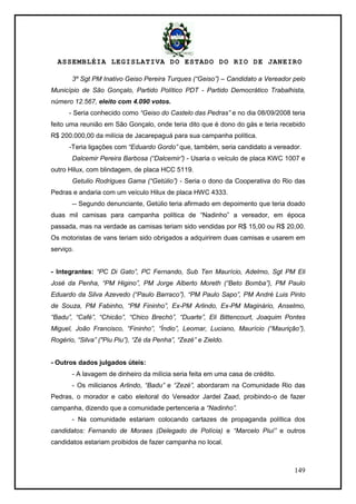ASSEMBLÉIA LEGISLATIVA DO ESTADO DO RIO DE JANEIRO
149
3º Sgt PM Inativo Geiso Pereira Turques (“Geiso”) – Candidato a Vereador pelo
Município de São Gonçalo, Partido Político PDT - Partido Democrático Trabalhista,
número 12.567, eleito com 4.090 votos.
- Seria conhecido como “Geiso do Castelo das Pedras” e no dia 08/09/2008 teria
feito uma reunião em São Gonçalo, onde teria dito que é dono do gás e teria recebido
R$ 200.000,00 da milícia de Jacarepaguá para sua campanha política.
-Teria ligações com “Eduardo Gordo” que, também, seria candidato a vereador.
Dalcemir Pereira Barbosa (“Dalcemir”) - Usaria o veículo de placa KWC 1007 e
outro Hilux, com blindagem, de placa HCC 5119.
Getulio Rodrigues Gama (“Getúlio”) - Seria o dono da Cooperativa do Rio das
Pedras e andaria com um veículo Hilux de placa HWC 4333.
-- Segundo denunciante, Getúlio teria afirmado em depoimento que teria doado
duas mil camisas para campanha política de ―Nadinho‖ a vereador, em época
passada, mas na verdade as camisas teriam sido vendidas por R$ 15,00 ou R$ 20,00.
Os motoristas de vans teriam sido obrigados a adquirirem duas camisas e usarem em
serviço.
- Integrantes: “PC Di Gato”, PC Fernando, Sub Ten Maurício, Adelmo, Sgt PM Eli
José da Penha, “PM Higino”, PM Jorge Alberto Moreth (“Beto Bomba”), PM Paulo
Eduardo da Silva Azevedo (“Paulo Barraco”), “PM Paulo Sapo”, PM André Luis Pinto
de Souza, PM Fabinho, “PM Fininho”, Ex-PM Arlindo, Ex-PM Maginário, Anselmo,
“Badu”, “Café”, “Chicão”, “Chico Brechó”, “Duarte”, Eli Bittencourt, Joaquim Pontes
Miguel, João Francisco, “Fininho”, “Índio”, Leomar, Luciano, Maurício (“Maurição”),
Rogério, “Silva” ("Piu Piu”), “Zé da Penha”, “Zezé” e Zieldo.
- Outros dados julgados úteis:
- A lavagem de dinheiro da milícia seria feita em uma casa de crédito.
- Os milicianos Arlindo, “Badu” e “Zezé”, abordaram na Comunidade Rio das
Pedras, o morador e cabo eleitoral do Vereador Jardel Zaad, proibindo-o de fazer
campanha, dizendo que a comunidade pertenceria a “Nadinho”.
- Na comunidade estariam colocando cartazes de propaganda política dos
candidatos: Fernando de Moraes (Delegado de Polícia) e “Marcelo Piuí” e outros
candidatos estariam proibidos de fazer campanha no local.
 
