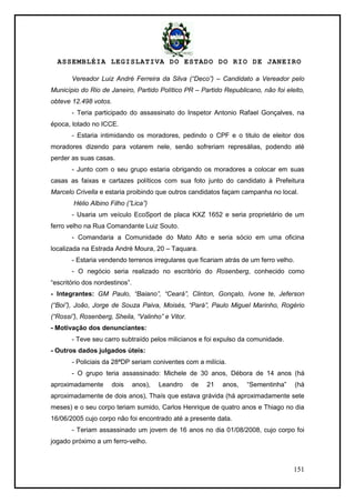 ASSEMBLÉIA LEGISLATIVA DO ESTADO DO RIO DE JANEIRO
151
Vereador Luiz André Ferreira da Silva (“Deco”) – Candidato a Vereador pelo
Município do Rio de Janeiro, Partido Político PR – Partido Republicano, não foi eleito,
obteve 12.498 votos.
- Teria participado do assassinato do Inspetor Antonio Rafael Gonçalves, na
época, lotado no ICCE.
- Estaria intimidando os moradores, pedindo o CPF e o titulo de eleitor dos
moradores dizendo para votarem nele, senão sofreriam represálias, podendo até
perder as suas casas.
- Junto com o seu grupo estaria obrigando os moradores a colocar em suas
casas as faixas e cartazes políticos com sua foto junto do candidato à Prefeitura
Marcelo Crivella e estaria proibindo que outros candidatos façam campanha no local.
Hélio Albino Filho (”Lica”)
- Usaria um veículo EcoSport de placa KXZ 1652 e seria proprietário de um
ferro velho na Rua Comandante Luiz Souto.
- Comandaria a Comunidade do Mato Alto e seria sócio em uma oficina
localizada na Estrada André Moura, 20 – Taquara.
- Estaria vendendo terrenos irregulares que ficariam atrás de um ferro velho.
- O negócio seria realizado no escritório do Rosenberg, conhecido como
―escritório dos nordestinos‖.
- Integrantes: GM Paulo, “Baiano”, “Ceará”, Clinton, Gonçalo, Ivone te, Jeferson
(“Boi”), João, Jorge de Souza Paiva, Moisés, “Pará”, Paulo Miguel Marinho, Rogério
(“Rossi”), Rosenberg, Sheila, “Valinho” e Vitor.
- Motivação dos denunciantes:
- Teve seu carro subtraído pelos milicianos e foi expulso da comunidade.
- Outros dados julgados úteis:
- Policiais da 28ªDP seriam coniventes com a milícia.
- O grupo teria assassinado: Michele de 30 anos, Débora de 14 anos (há
aproximadamente dois anos), Leandro de 21 anos, ―Sementinha‖ (há
aproximadamente de dois anos), Thaís que estava grávida (há aproximadamente sete
meses) e o seu corpo teriam sumido, Carlos Henrique de quatro anos e Thiago no dia
16/06/2005 cujo corpo não foi encontrado até a presente data.
- Teriam assassinado um jovem de 16 anos no dia 01/08/2008, cujo corpo foi
jogado próximo a um ferro-velho.
 