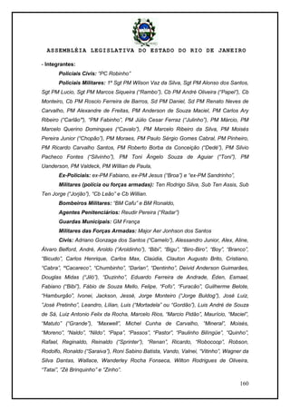 ASSEMBLÉIA LEGISLATIVA DO ESTADO DO RIO DE JANEIRO
160
- Integrantes:
Policiais Civis: “PC Robinho”
Policiais Militares: 1º Sgt PM Wilson Vaz da Silva, Sgt PM Alonso dos Santos,
Sgt PM Lucio, Sgt PM Marcos Siqueira (“Rambo”), Cb PM André Oliveira (“Papel”), Cb
Monteiro, Cb PM Roscio Ferreira de Barros, Sd PM Daniel, Sd PM Renato Neves de
Carvalho, PM Alexandre de Freitas, PM Anderson de Souza Maciel, PM Carlos Ary
Ribeiro (“Carlão”), “PM Fabinho”, PM Júlio Cesar Ferraz (“Julinho”), PM Márcio, PM
Marcelo Querino Domingues (“Cavalo”), PM Marcelo Ribeiro da Silva, PM Moisés
Pereira Junior (“Chopão”), PM Moraes, PM Paulo Sérgio Gomes Cabral, PM Pinheiro,
PM Ricardo Carvalho Santos, PM Roberto Borba da Conceição (“Dedé”), PM Silvio
Pacheco Fontes (“Silvinho”), PM Toni Ângelo Souza de Aguiar (“Toni”), PM
Uanderson, PM Valdeck, PM Willian de Paula,
Ex-Policiais: ex-PM Fabiano, ex-PM Jesus (“Broa”) e “ex-PM Sandrinho”,
Militares (polícia ou forças armadas): Ten Rodrigo Silva, Sub Ten Assis, Sub
Ten Jorge (“Jorjão”), “Cb Leão” e Cb Willian.
Bombeiros Militares: “BM Cafu” e BM Ronaldo,
Agentes Penitenciários: Reudir Pereira (“Radar”)
Guardas Municipais: GM França
Militares das Forças Armadas: Major Aer Jonhson dos Santos
Civis: Adriano Gonzaga dos Santos (“Camelo”), Alessandro Junior, Alex, Aline,
Álvaro Belford, André, Aroldo (“Aroldinho”), “Bibi”, “Bigu”, “Biro-Biro”, “Boy”, “Branco”,
“Bicudo”, Carlos Henrique, Carlos Max, Claúdia, Clauton Augusto Brito, Cristiano,
“Cabra”, “Cacareco”, “Chumbinho”, “Darlan”, “Dentinho”, Deivid Anderson Guimarães,
Douglas Midas (“Jiló”), “Duzinho”, Eduardo Ferreira de Andrade, Éden, Esmael,
Fabiano (“Bibi”), Fábio de Souza Mello, Felipe, “Fofo”, “Furacão”, Guilherme Belote,
“Hamburgão”, Ivonei, Jackson, Jessé, Jorge Monteiro (“Jorge Buldog”), José Luiz,
”José Pretinho”, Leandro, Lílian, Luis (“Mortadela” ou “Gordão”), Luis André de Souza
de Sá, Luiz Antonio Felix da Rocha, Marcelo Rios, “Marcio Pidão”, Maurício, “Maciel”,
“Matuto” (“Grande”), “Maxwell”, Michel Cunha de Carvalho, “Mineral”, Moisés,
“Moreno”, “Naldo”, “Nildo”, “Papa”, “Passos”, “Pastor”, “Paulinho Bilíngüe”, “Quinho”,
Rafael, Reginaldo, Reinaldo (“Sprinter”), “Renan”, Ricardo, “Robocoop”, Robson,
Rodolfo, Ronaldo (“Saraiva”), Roni Sabino Batista, Vando, Valnei, “Vitinho”, Wagner da
Silva Dantas, Wallace, Wanderley Rocha Fonseca, Wilton Rodrigues de Oliveira,
“Tatai”, “Zé Brinquinho” e “Zinho”.
 