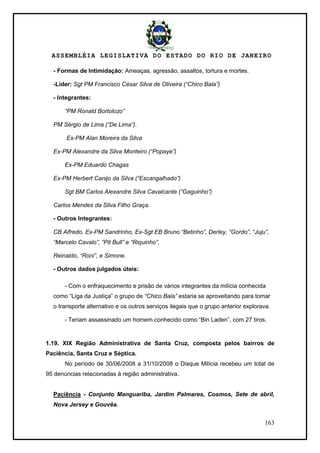 ASSEMBLÉIA LEGISLATIVA DO ESTADO DO RIO DE JANEIRO
163
- Formas de Intimidação: Ameaças, agressão, assaltos, tortura e mortes.
-Líder: Sgt PM Francisco César Silva de Oliveira (“Chico Bala”)
- Integrantes:
“PM Ronald Bortolozo”
PM Sérgio de Lima (“De Lima”).
Ex-PM Alan Moreira da Silva
Ex-PM Alexandre da Silva Monteiro (“Popaye”)
Ex-PM Eduardo Chagas
Ex-PM Herbert Canijo da Silva (“Escangalhado”)
Sgt BM Carlos Alexandre Silva Cavalcante (“Gaguinho”)
Carlos Mendes da Silva Filho Graça.
- Outros Integrantes:
CB Alfredo, Ex-PM Sandrinho, Ex-Sgt EB Bruno “Betinho”, Derley, “Gordo”, “Juju”,
“Marcelo Cavalo”, “Pit Bull” e “Riquinho”.
Reinaldo, “Roni”, e Simone.
- Outros dados julgados úteis:
- Com o enfraquecimento e prisão de vários integrantes da milícia conhecida
como ―Liga da Justiça‖ o grupo de “Chico Bala” estaria se aproveitando para tomar
o transporte alternativo e os outros serviços ilegais que o grupo anterior explorava.
- Teriam assassinado um homem conhecido como ―Bin Laden‖, com 27 tiros.
1.19. XIX Região Administrativa de Santa Cruz, composta pelos bairros de
Paciência, Santa Cruz e Séptica.
No período de 30/06/2008 a 31/10/2008 o Disque Milícia recebeu um total de
95 denúncias relacionadas à região administrativa.
Paciência - Conjunto Manguariba, Jardim Palmares, Cosmos, Sete de abril,
Nova Jersey e Gouvêa.
 