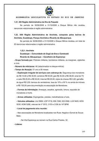 ASSEMBLÉIA LEGISLATIVA DO ESTADO DO RIO DE JANEIRO
169
1.21. XXI Região Administrativa da Ilha de Paquetá
No período de 30/06/2008 a 31/10/2008 o Disque Milícia não recebeu
denúncias relacionadas à região administrativa.
1.22. XXII Região Administrativa de Anchieta, composta pelos bairros de
Anchieta, Guadalupe, Parque Anchieta e Ricardo de Albuquerque.
No período de 30/06/2008 a 31/10/2008 o Disque Milícia recebeu um total de
83 denúncias relacionadas à região administrativa.
1.22.1. Anchieta
Guadalupe – Comunidade do Gogó da Ema e Camboatá
Ricardo de Albuquerque – Cavalheiro da Esperança
- Grupo formado por: Policiais militares, bombeiros militares, ex-marginais, vigilantes
e civis.
- Número de milicianos: 46 (relacionados no disque-milícia).
- Tempo de Atuação: 01 ano e 06 meses
- Exploração irregular de serviços com cobrança de: Segurança dos moradores
de R$ 10,00 a R$ 30,00; comércio R$ 50,00; gás R$ 35,00 a R$ 38,00; sinal de TV
a cabo R$ 25,00 a R$ 35,00; Internet R$ 25,00; cópia de chaves R$ 3,00; garrafão
de água R$ 5,00; barraca de vendedores, taxa de 10% a 50 % na venda de imóveis
e R$ 150,00 para documentação na associação de Moradores.
- Formas de Intimidação: Ameaças, assaltos, agressão, tortura, expulsão de
moradores e morte.
- Armas utilizadas: Espingardas, pistolas, metralhadoras e fuzis.
- Veículos utilizados: LAJ 9969, LOP 3718, KIN 1046, KXI 0566, LUX 9425, KOG
5030, KOM 5288, viaturas de nº 3012, 3153 e 3156 do 14º BPM.
- Local de pagamento e/ou reunião:
- Nas associações de Moradores localizadas nas Ruas: Nagóia e Esmal de Souza
Melo.
- Na Vila Esperança se reúnem na Rua Carlos Prestes, 32.
- Líderes:
 