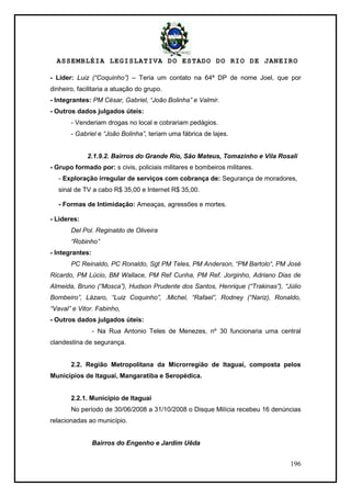 ASSEMBLÉIA LEGISLATIVA DO ESTADO DO RIO DE JANEIRO
196
- Líder: Luiz (“Coquinho”) – Teria um contato na 64ª DP de nome Joel, que por
dinheiro, facilitaria a atuação do grupo.
- Integrantes: PM César, Gabriel, “João Bolinha” e Valmir.
- Outros dados julgados úteis:
- Venderiam drogas no local e cobrariam pedágios.
- Gabriel e “João Bolinha”, teriam uma fábrica de lajes.
2.1.9.2. Bairros do Grande Rio, São Mateus, Tomazinho e Vila Rosali
- Grupo formado por: s civis, policiais militares e bombeiros militares.
- Exploração irregular de serviços com cobrança de: Segurança de moradores,
sinal de TV a cabo R$ 35,00 e Internet R$ 35,00.
- Formas de Intimidação: Ameaças, agressões e mortes.
- Lideres:
Del Pol. Reginaldo de Oliveira
“Robinho”
- Integrantes:
PC Reinaldo, PC Ronaldo, Sgt PM Teles, PM Anderson, “PM Bartolo“, PM José
Ricardo, PM Lúcio, BM Wallace, PM Ref Cunha, PM Ref. Jorginho, Adriano Dias de
Almeida, Bruno (“Mosca”), Hudson Prudente dos Santos, Henrique (“Trakinas”), “Júlio
Bombeiro”, Lázaro, “Luiz Coquinho”, .Michel, “Rafael”, Rodney (“Nariz), Ronaldo,
“Vaval” e Vitor. Fabinho,
- Outros dados julgados úteis:
- Na Rua Antonio Teles de Menezes, nº 30 funcionaria uma central
clandestina de segurança.
2.2. Região Metropolitana da Microrregião de Itaguaí, composta pelos
Municípios de Itaguaí, Mangaratiba e Seropédica.
2.2.1. Município de Itaguaí
No período de 30/06/2008 a 31/10/2008 o Disque Milícia recebeu 16 denúncias
relacionadas ao município.
Bairros do Engenho e Jardim Uêda
 