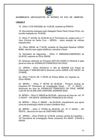 ASSEMBLÉIA LEGISLATIVA DO ESTADO DO RIO DE JANEIRO
20
- volume 2
15. Ofício 1319/1405/2008, de 14.08.08, recebido da DRACO;
16. Documentos entregues pelo Delegado Pedro Paulo Pontes Pinho, em
reunião realizada em 14.08.08;
17. Ofício nº 447/08, de 20.08.08 da 2ª Promotoria de Justiça junto à 1ª
Vara Criminal de Santa Cruz – MPERJ - sobre atuação de milícias
naquela área;
18.- Ofício 369/08, de 1º.09.08, recebido do Deputado Estadual JORGE
BABU, abrindo seus sigilos telefônico, bancário e fiscal;
19. Secretaria de Segurança – Ofício nº 2698/2008-GAB/SESEG de
04.09.08, resposta ao Ofício 008/08;
20. Sentença referente ao Processo 2007.001.034901-0 referente à ação
penal em face de JOSINALDO FRANCISCO DA CRUZ;
21.- MPERJ - Ofício AFAOCrim nº 494 de 09/09/08 com Peças de
Informação nº 2008.062.00014 denúncia contra JORGE LUIZ HAUAT, de
27/08/08;
22. Ofício 7142-SJ DE 11.09.08 da Polícia Militar em resposta ao
Ofício 008/08;
23. MPERJ – Ofício nº 067/08 de 08.09.08 - Primeira Central de
Inquéritos,19ª Promotoria de Investigação Penal - IP nº 003/07 –
denúncias em face de JOSINALDO FRANCISCO DA CRUZ, ANDRÉ
LUIZ DA SILVA MALVAR e RAPHAEL MOREIRA DIAS;
24. MPERJ – Ofício nº 068/08 de 08.09.08 – denúncia em face de– ref.: IP
nº 003/07 – DH OESTE JOSINALDO FRANCISCO DA CRUZ;
25. MPERJ – Ofício nº 069/08 – de 08.09.08, procedimento que apura
crime de prostituição infantil no bairro Gardênia Azul;
26. MPERJ – ofício nº 070/08 de 08.09.08, ref.: IP nº 044/04 – DH
OESTE, denúncia em face de CRISTIANO GIRÃO;
27. MPERJ – ofício 074/08 de 15.09.08, primeiro central de inquéritos –
19ª Promotoria de Investigação Penal, anexando IPs 450/07. 5104/08 e
004/08;
 