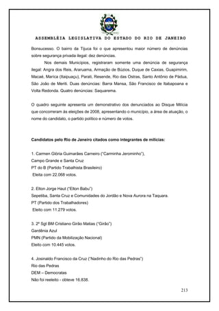 ASSEMBLÉIA LEGISLATIVA DO ESTADO DO RIO DE JANEIRO
213
Bonsucesso. O bairro da Tijuca foi o que apresentou maior número de denúncias
sobre segurança privada ilegal: dez denúncias.
Nos demais Municípios, registraram somente uma denúncia de segurança
ilegal: Angra dos Reis, Araruama, Armação de Búzios, Duque de Caxias, Guapimirim,
Macaé, Maríca (Itaipuaçu), Parati, Resende, Rio das Ostras, Santo Antônio de Pádua,
São João de Meriti. Duas denúncias: Barra Mansa, São Francisco de Itabapoana e
Volta Redonda. Quatro denúncias: Saquarema.
O quadro seguinte apresenta um demonstrativo dos denunciados ao Disque Milícia
que concorreram às eleições de 2008, apresentando o município, a área de atuação, o
nome do candidato, o partido político e número de votos.
Candidatos pelo Rio de Janeiro citados como integrantes de milícias:
1. Carmen Glória Guimarães Carneiro (―Carminha Jerominho‖),
Campo Grande e Santa Cruz
PT do B (Partido Trabalhista Brasileiro)
Eleita com 22.068 votos.
2. Elton Jorge Haut (―Elton Babu‖)
Sepetiba, Santa Cruz e Comunidades do Jordão e Nova Aurora na Taquara.
PT (Partido dos Trabalhadores)
Eleito com 11.279 votos.
3. 2º Sgt BM Cristiano Girão Matias (―Girão‖)
Gardênia Azul
PMN (Partido da Mobilização Nacional)
Eleito com 10.445 votos.
4. Josinaldo Francisco da Cruz (―Nadinho do Rio das Pedras‖)
Rio das Pedras
DEM – Democratas
Não foi reeleito - obteve 16.838.
 
