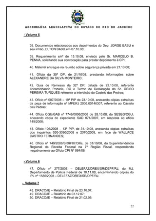ASSEMBLÉIA LEGISLATIVA DO ESTADO DO RIO DE JANEIRO
22
- Volume 5
38. Documentos relacionados aos depoimentos do Dep. JORGE BABU e
seu irmão, ELTON BABU em 07.10.08;
39. Requerimento s/nº de 15.10.08, enviado pelo Sr. MARCELO B.
PENNA, solicitando sua convocação para prestar depoimento à CPI;
40. Material entregue na reunião sobre segurança privada em 21.10.08;
41. Ofício da 35ª DP, de 21/10/08, prestando informações sobre
ALEXANDRE DA SILVA MONTEIRO;
42. Guia de Remessa da 32ª DP, datada de 23.10.08, referente
encaminhando Portaria, RO e Termo de Declaração do Sr. GEISO
PEREIRA TURQUES referente a interdição do Castelo das Pedras;
43. Ofício nº 087/2008 – 19ª PIP de 23.10.08, anexando cópias extraídas
da peça de informação nº MPERJ 2008.00146307, referente ao Castelo
das Pedras;
44. Ofício CGU/GAB nº 7746/0006/2008 de 28.10.08, da SESEG/CGU,
anexando cópia do expediente SAD 074/2007, em resposta ao ofício
149/2008;
45. Ofício 106/2008 – 13ª PIP, de 31.10.08, anexando cópias extraídas
dos inquéritos 030-3090/2008 e 2070/2008, em face de WALLACE
CASTRO FERNANDES;
46. Ofício nº 749/2008/SRRF07/Difis, de 31/10/08, da Superintendência
Regional da Receita Federal na 7ª Região Fiscal, respondendo
negativamente ao Ofício CPI Nº 064/08
- Volume 6
47. Ofício nº 277/2008 – DELEFAZ/DREX/SR/DEPF/RJ, do MJ.
Departamento de Polícia Federal de 10.11.08, encaminhando cópias do
IPL nº 1585/2008 – DELEFAZ/DREX/SR/DPF/RJ.
- Volume 7
48. DRACO/IE – Relatório Final de 23.10.07;
49. DRACO/IE – Relatório de 03.12.07;
50. DRACO/IE – Relatório Final de 21.02.08;
 