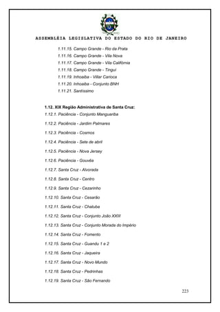 ASSEMBLÉIA LEGISLATIVA DO ESTADO DO RIO DE JANEIRO
223
1.11.15. Campo Grande - Rio da Prata
1.11.16. Campo Grande - Vila Nova
1.11.17. Campo Grande - Vila Califórnia
1.11.18. Campo Grande - Tinguí
1.11.19. Inhoaiba - Villar Carioca
1.11.20. Inhoaiba - Conjunto BNH
1.11.21. Santíssimo
1.12. XIX Região Administrativa de Santa Cruz:
1.12.1. Paciência - Conjunto Manguariba
1.12.2. Paciência - Jardim Palmares
1.12.3. Paciência - Cosmos
1.12.4. Paciência - Sete de abril
1.12.5. Paciência - Nova Jersey
1.12.6. Paciência - Gouvêa
1.12.7. Santa Cruz - Alvorada
1.12.8. Santa Cruz - Centro
1.12.9. Santa Cruz - Cezarinho
1.12.10. Santa Cruz - Cesarão
1.12.11. Santa Cruz - Chatuba
1.12.12. Santa Cruz - Conjunto João XXIII
1.12.13. Santa Cruz - Conjunto Morada do Império
1.12.14. Santa Cruz - Fomento
1.12.15. Santa Cruz - Guandu 1 e 2
1.12.16. Santa Cruz - Jaqueira
1.12.17. Santa Cruz - Novo Mundo
1.12.18. Santa Cruz - Pedrinhas
1.12.19. Santa Cruz - São Fernando
 