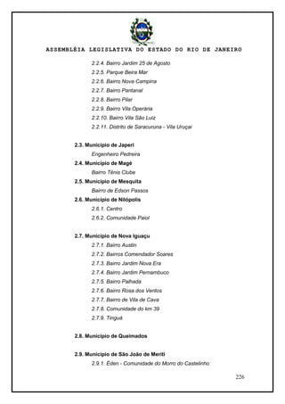 ASSEMBLÉIA LEGISLATIVA DO ESTADO DO RIO DE JANEIRO
226
2.2.4. Bairro Jardim 25 de Agosto
2.2.5. Parque Beira Mar
2.2.6. Bairro Nova Campina
2.2.7. Bairro Pantanal
2.2.8. Bairro Pilar
2.2.9. Bairro Vila Operária
2.2.10. Bairro Vila São Luiz
2.2.11. Distrito de Saracuruna - Vila Uruçai
2.3. Município de Japeri
Engenheiro Pedreira
2.4. Município de Magé
Bairro Tênis Clube
2.5. Município de Mesquita
Bairro de Edson Passos
2.6. Município de Nilópolis
2.6.1. Centro
2.6.2. Comunidade Paiol
2.7. Município de Nova Iguaçu
2.7.1. Bairro Austin
2.7.2. Bairros Comendador Soares
2.7.3. Bairro Jardim Nova Era
2.7.4. Bairro Jardim Pernambuco
2.7.5. Bairro Palhada
2.7.6. Bairro Rosa dos Ventos
2.7.7. Bairro de Vila de Cava
2.7.8. Comunidade do km 39
2.7.9. Tinguá
2.8. Município de Queimados
2.9. Município de São João de Meriti
2.9.1. Éden - Comunidade do Morro do Castelinho
 