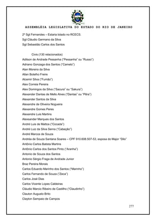 ASSEMBLÉIA LEGISLATIVA DO ESTADO DO RIO DE JANEIRO
277
2º Sgt Fernandes – Estaria lotado no RCECS.
Sgt Cláudio Germano da Silva
Sgt Sebastião Carlos dos Santos
Civis (130 relacionados)
Adilson de Andrade Pessanha (―Pessanha‖ ou ―Russo‖)
Adriano Gonzaga dos Santos (―Camelo‖)
Alan Moreira da Silva
Allan Botelho Freire
Alcemir Silva (―Fumão‖)
Alex Correia Pereira
Alex Domingos da Silva (―Sacura‖ ou ―Sakura‖)
Alexander Dantas de Mello Alves (―Dantas‖ ou ―Pêra‖)
Alexander Santos da Silva
Alexandre de Oliveira Nogueira
Alexandre Gomes Peres
Alexandre Luis Martins
Alexsander Marques dos Santos
André Luis de Mattos (―Cocada‖)
André Luiz da Silva Senra (―Cabeção‖)
André Marcos de Souza
Andréa de Souza Santana Soares – CPF 910.608.507-53, esposa do Major ―Dilo‖
Antônio Carlos Batista Martins
Antônio Carlos dos Santos Pinto (―Aranha‖)
Antonio de Souza dos Santos
Antonio Sérgio Fraga de Andrade Junior
Braz Pereira Morais
Carlos Eduardo Marinho dos Santos (―Marinho‖)
Carlos Fernando de Souza (―Zeca‖)
Carlos José Dias
Carlos Vicente Lopes Caldeiras
Cláudio Marcio Ribeiro de Castilho (―Claudinho‖)
Clauton Augusto Brito
Clayton Sampaio de Campos
 
