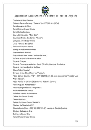 ASSEMBLÉIA LEGISLATIVA DO ESTADO DO RIO DE JANEIRO
278
Cristiano da Silva Canellas
Dalcemir Pereira Barbosa (―Dalcemir‖) – CPF 790.943.687-49
Damião Juvino da Silva
Daniel Quintanilha da Silveira
Daniel Salles Santana
Davi Liberato Araújo (―Zero Dois‖)
Davinilson Freitas dos Santos (―Junior‖)
Denys de Almeida de Oliveira
Diego Fonseca dos Santos
Edmar Luiz Martins Ribeiro
Ediney do Nascimento Gomes
Edson Ferreira Brandão
Edson Lima Calles Junior (―Juninho Perneta‖)
Eduardo Augusto Fernando de Souza
Eduardo Chagas
Eduardo Ferreira de Andrade – Se diz Oficial do Corpo de Bombeiros.
Eduardo Henrique Eugênio da Silva
Eliseu Adão (―Angola‖)
Erinaldo Juvino Silva (―Nem‖ ou ―Farinha‖)
Fábio Gomes Coutinho (―FB‖) – CPF 052.068.597-02, seria assessor do Vereador Luis
André (―Deco‖).
Fábio Pereira de Oliveira (―Fabinho‖ ou ―Fabinho Gordo‖).
Felipe Augusto Wenderroscky
Felipe Evangelista Adão (―Angolinha‖)
Flavio Ferreira dos Santos
Francisco Pereira da Silva Filho
Gelson dos Santos (Xaxá)
Gérson Machado
Getulio Rodrigues Gama (―Getúlio‖)
Gladson da Silva Leite (―Pi‖)
Gláucia Costa Alves – CPF 851.698.707-87, esposa do Capitão Queiroz.
Gledson Barboza da Cruz
Guilherme Carlos Silva
Itamar Clementino de Oliveira
 