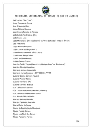 ASSEMBLÉIA LEGISLATIVA DO ESTADO DO RIO DE JANEIRO
279
Hélio Albino Filho (‖Lica‖)
Ivana Turques de Souza
Izan Chaves de Melo
Jaider Reis de Siqueira
Jean Cosmo Ferreira de Almeida
João Batista Florêncio da Silva
João Carlos Leite
João Monteiro da Silva (―Joãozinho‖ ou ―João do Facão‖) Irmão de ―Doem‖.
Joel Pinto Filho
Jorge Antônio Marcelino
Jorge Luiz de Souza (―Ganso‖)
José Antônio Rachel de Souza (―Boi‖)
José Carlos Rangel Sales
Juarez de Oliveira Alves
Juliano Gomes Soares
Leandro Paixão Viegas (―Leandrinho Quebra Ossos‖ ou ―Fantasma‖)
Leandro Silva da Conceição
Leonardo Moraes de Andrade
Leonardo Nunes Cassiano – CPF 096.664.777-77
Luciano Galdino Carneiro (―Luck‖)
Luciano Pereira Morais
Luciano Sabino da Silva
Luciano Severino da Silva
Luis Carlos Vieira Silvério
Luis Cláudio Nascimento Macedo (―Coelho‖)
Luis Fernando Pereira Garcia Junior
Luiz Antonio Félix da Rocha
Marcelo Barbosa Ramalho
Marcelo Fagundes Alvarenga
Marciel Paiva de Souza
Márcio do Espírito Santo Mendonça
Márcio Fontela Gomes
Márcio Luis Nacif dos Santos
Márcio Patrocínio Pereira
 