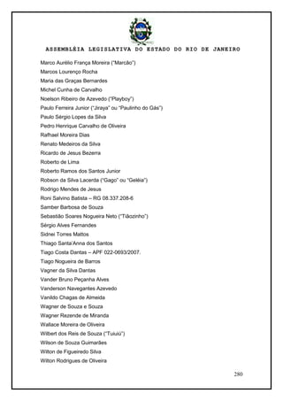 ASSEMBLÉIA LEGISLATIVA DO ESTADO DO RIO DE JANEIRO
280
Marco Aurélio França Moreira (―Marcão‖)
Marcos Lourenço Rocha
Maria das Graças Bernardes
Michel Cunha de Carvalho
Noelson Ribeiro de Azevedo (―Playboy‖)
Paulo Ferreira Junior (―Jiraya‖ ou ―Paulinho do Gás‖)
Paulo Sérgio Lopes da Silva
Pedro Henrique Carvalho de Oliveira
Rafhael Moreira Dias
Renato Medeiros da Silva
Ricardo de Jesus Bezerra
Roberto de Lima
Roberto Ramos dos Santos Junior
Robson da Silva Lacerda (―Gago‖ ou ―Geléia‖)
Rodrigo Mendes de Jesus
Roni Salvino Batista – RG 08.337.208-6
Samber Barbosa de Souza
Sebastião Soares Nogueira Neto (―Tiãozinho‖)
Sérgio Alves Fernandes
Sidnei Torres Mattos
Thiago Santa‘Anna dos Santos
Tiago Costa Dantas – APF 022-0693/2007.
Tiago Nogueira de Barros
Vagner da Silva Dantas
Vander Bruno Peçanha Alves
Vanderson Navegantes Azevedo
Vanildo Chagas de Almeida
Wagner de Souza e Souza
Wagner Rezende de Miranda
Wallace Moreira de Oliveira
Wilbert dos Reis de Souza (―Tuiuiú‖)
Wilson de Souza Guimarães
Wilton de Figueiredo Silva
Wilton Rodrigues de Oliveira
 