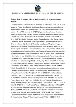ASSEMBLÉIA LEGISLATIVA DO ESTADO DO RIO DE JANEIRO
86
Relação Geral de pessoas sobre as quais há indícios de envolvimento com
milícias:
Luciano Guinancio Guimarães, filho de Jerominho, ex-SD PMERJ; André Luiz da Silva
Malvar, ex-Policial Civil; Eduardo Marinho dos Santos; Marcelo de Gouveia Bezerra;
Álvaro Lins dos Santos (ex Chefe de Polícia Civil e ex-Deputado Estadual/RJ); Luiz
Monteiro Doen (PTC; sargento, do 22º BPM); Epaminondas de Queiroz Medeiros
Junior (DEM; capitão RR PMERJ); Glaucia Costa Alves (esposa do capitão Queiroz);
Marco Aurélio França Moreira; Eduardo José da Silva (―Zezinho Orelha‖; CPF nº
591.711.037-91); Getúlio Rodrigues Gamas; Ricardo Teixeira, vulgo ―Batman‖; José
Carlos Silva (ex-PM, expulso em 1999, vulgo Tropeço); Mazinho (Josimar José da
Silva, ex-policial civil, já demitido); Marciel Paiva de Souza; ―Marquinho Desipe‖ (=
Marco Antonio dos Santos Lopes, mat. 822.668-3, IFP 9.341.484-5); Jorge Luiz de
Souza, vulgo Ganso; Carlos Fernando de Souza, vulgo Zeca; policial civil Wallace de
Almeida Pires, vulgo Robocop; PMERJ José Rogaciano Pereira, vulgo Nilson Paraíba;
João Monteiro da Silva (vulgo João do Facão, irmão de Doen) ; Paulo Ferreira Júnior,
vulgo Paulino do gás; Hélio Albino Filho, o Lica; Marco Aurélio França Moreira; Ivana
Turques de Souza; Leandrinho Quebra-Ossos (= Leandro Paixão Viegas, também
alcunhado de Fantasma); Jorge Alberto Moreth, vulgo ―Beto Bomba‖; ―Paulo Barraco‖
(= Paulo Eduardo da Silva Azevedo, PM reformado); sargento PM Chico Bala; Ricardo
Teixeira Cruz (ex-SD PMERJ, vulgo Batman, expulso da PMERJ em 1992); PMERJ
Alfredo Carlos Cândido de Oliveira; cabo paraquedista do Corpo de Fuzileiros navais
Carlos Eduardo Marinhos dos Santos (o qual atende pelos vulgos de Marinho e
outros); Fabrício Fernandes Mirra (―Mirra‖) CPF nº 051.683.807-51; Fabio Gomes
Coutinho (―FB‖) CPF nº 052.068.597-02; Dalcemir Pereira Barbosa (―Dalcemir‖) CPF
nº 790.943.687-49; Dalmir Pereira Barbosa (―Dalmir‖) CPF nº 693.476.707-15; Dilo
Pereira Soares Junior (―Dilo‖) CPF nº 981.037.507-78; Andrea de Souza Santana
Soares (esposa do major Dilo); Enio Sena Fiocchi (―Ênio‖ – ex SGT PM) CPF nº
825.075.467-00; Flávio Sena Fiocchi (―Flávio‖ – CB Corpo de Bombeiros Militar) CPF
nº 020.864.107-60; Fábio Menezes Leão (Inspetor da PCERJ); Alexandre Barbosa
Batista, CB PMERJ RG 58.214, conhecido como ―Batista‖; Jean Cosmo Ferreira de
Almeida; Jorge Henrique Alves dos Santos, CB PM RG 62.362, vulgo ―Rambo‖;
Luciano Severino da Silva; Wilbert dos Reis de Souza, vulgo Tuiuiú; Noelson Ribeiro
de Azevedo, vulgo ―Playboy‖; Tiago Costa Dantas (APF 022-0693/2007); Flávio
 