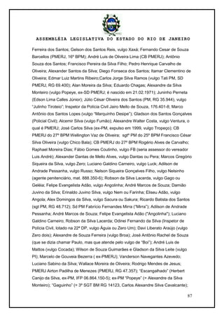 ASSEMBLÉIA LEGISLATIVA DO ESTADO DO RIO DE JANEIRO
87
Ferreira dos Santos; Gelson dos Santos Reis, vulgo Xaxá; Fernando Cesar de Souza
Barcellos (PMERJ, 16º BPM); André Luis de Oliveira Lima (CB PMERJ); Antônio
Souza dos Santos; Francisco Pereira da Silva Filho; Pedro Henrique Carvalho de
Oliveira; Alexander Santos da Silva; Diego Fonseca dos Santos; Itamar Clementino de
Oliveira; Edmar Luiz Martins Ribeiro;Carlos Jorge Silva Ramos (vulgo Tati PM, SD
PMERJ, RG 69.400); Alan Moreira da Silva; Eduardo Chagas; Alexandre da Silva
Monteiro (vulgo Popeye, ex-SD PMERJ; é nascido em 21.02.1971); Juninho Perneta
(Edson Lima Calles Júnior); Júlio César Oliveira dos Santos (PM, RG 35.944), vulgo
―Julinho Tiroteio‖; Inspetor da Polícia Civil Jairo Mello de Souza, 176.401-8; Marco
Antônio dos Santos Lopes (vulgo ―Marquinho Desipe‖); Gladson dos Santos Gonçalves
(Policial Civil); Alcemir Silva (vulgo Fumão); Alexandre Walter Costa, vulgo Ventura, o
qual é PMERJ; José Carlos Silva (ex-PM, expulso em 1999, vulgo Tropeço); CB
PMERJ do 27º BPM Wellington Vaz de Oliveira; sgtº PM do 25º BPM Francisco César
Silva Oliveira (vulgo Chico Bala); CB PMERJ do 27º BPM Rogério Alves de Carvalho;
Raphael Moreira Dias; Fábio Gomes Coutinho, vulgo FB (seria assessor do vereador
Luis André); Alexander Dantas de Mello Alves, vulgo Dantas ou Pera; Marcos Gregório
Siqueira da Silva, vulgo Zero; Luciano Galdino Carneiro, vulgo Luck; Adilson de
Andrade Pessanha, vulgo Russo; Nelson Siqueira Gonçalves Filho, vulgo Nelsinho
(agente penitenciário, mat. 888.350-6); Robson da Silva Lacerda, vulgo Gago ou
Geléia; Felipe Evangelista Adão, vulgo Angolinha; André Marcos de Souza; Damião
Juvino da Silva; Erinaldo Juvino Silva, vulgo Nem ou Farinha; Eliseu Adão, vulgo
Angola; Alex Domingos da Silva, vulgo Sacura ou Sakura; Ricardo Batista dos Santos
(sgt PM, RG 48.712); Sd PM Fabrício Fernandes Mirra (―Mirra‖); Adilson de Andrade
Pessanha; André Marcos de Souza; Felipe Evangelista Adão ("Angolinha"); Luciano
Galdino Carneiro; Robson da Silva Lacerda; Odinei Fernando da Silva (Inspetor de
Polícia Civil, lotado na 22ª DP, vulgo Águia ou Zero Um); Davi Liberato Araújo (vulgo
Zero dois); Alexandre de Souza Ferreira (vulgo Broa); José Antônio Rachel de Souza
(que se dizia chamar Paulo, mas que atende pelo vulgo de ―Boi‖); André Luis de
Mattos (vulgo Cocada); Wilson de Souza Guimarães e Gladson da Silva Leite (vulgo
PI); Marcelo de Gouveia Bezerra ( ex-PMERJ); Vanderson Navegantes Azevedo;
Luciano Sabino da Silva; Wallace Moreira de Oliveira; Rodrigo Mendes de Jesus;
PMERJ Airton Padilha de Menezes (PMERJ, RG 47.357); ―Escangalhado‖ (Herbert
Canijo da Silva, ex-PM, IFP 06.864.150-5); ex-PM ―Popeye‖ (= Alexandre da Silva
Monteiro); ―Gaguinho‖ (= 3º SGT BM RG 14123, Carlos Alexandre Silva Cavalcante);
 