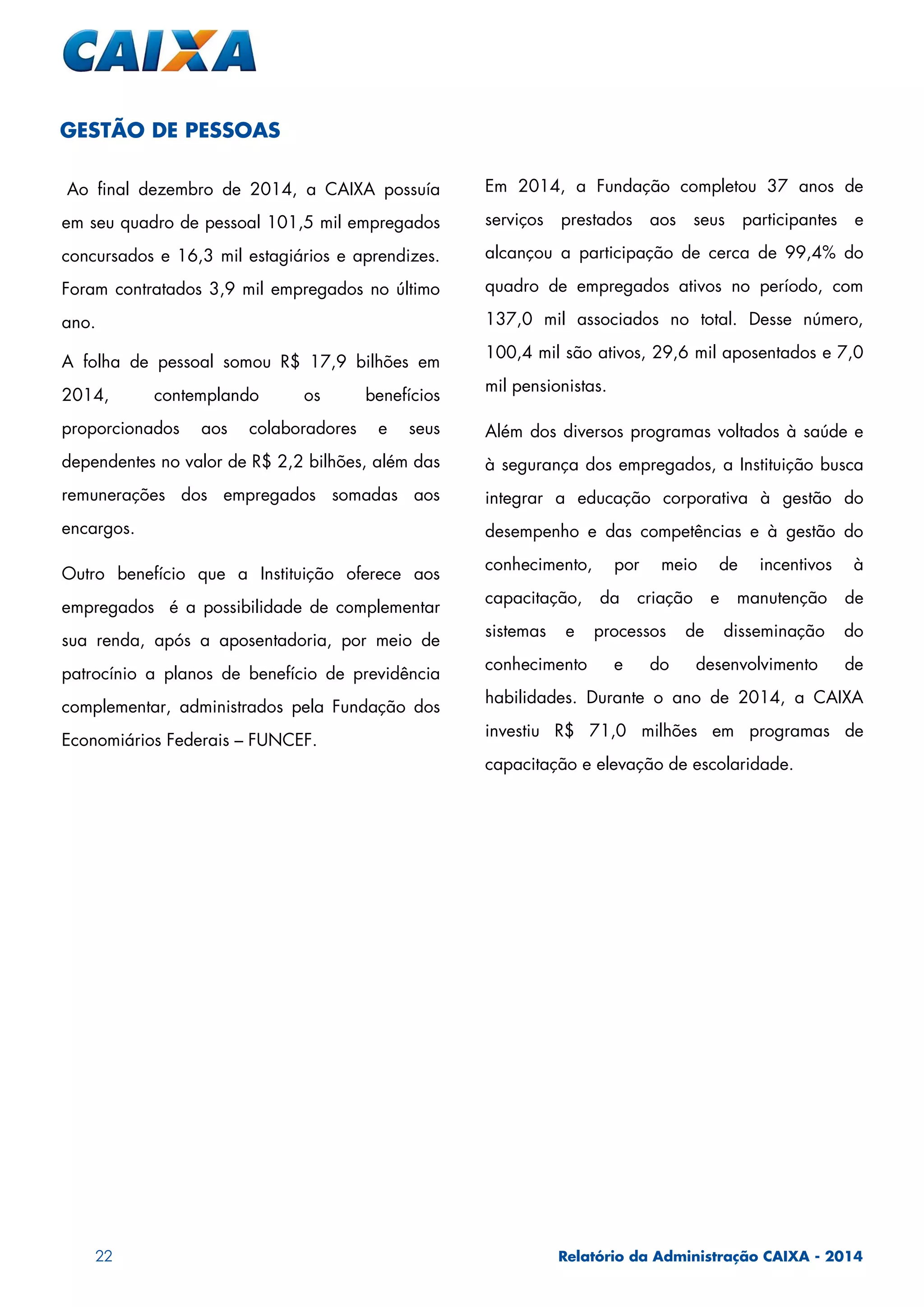 22 Relatório da Administração CAIXA - 2014
Ao final dezembro de 2014, a CAIXA possuía
em seu quadro de pessoal 101,5 mil empregados
concursados e 16,3 mil estagiários e aprendizes.
Foram contratados 3,9 mil empregados no último
ano.
A folha de pessoal somou R$ 17,9 bilhões em
2014, contemplando os benefícios
proporcionados aos colaboradores e seus
dependentes no valor de R$ 2,2 bilhões, além das
remunerações dos empregados somadas aos
encargos.
Outro benefício que a Instituição oferece aos
empregados é a possibilidade de complementar
sua renda, após a aposentadoria, por meio de
patrocínio a planos de benefício de previdência
complementar, administrados pela Fundação dos
Economiários Federais – FUNCEF.
Em 2014, a Fundação completou 37 anos de
serviços prestados aos seus participantes e
alcançou a participação de cerca de 99,4% do
quadro de empregados ativos no período, com
137,0 mil associados no total. Desse número,
100,4 mil são ativos, 29,6 mil aposentados e 7,0
mil pensionistas.
Além dos diversos programas voltados à saúde e
à segurança dos empregados, a Instituição busca
integrar a educação corporativa à gestão do
desempenho e das competências e à gestão do
conhecimento, por meio de incentivos à
capacitação, da criação e manutenção de
sistemas e processos de disseminação do
conhecimento e do desenvolvimento de
habilidades. Durante o ano de 2014, a CAIXA
investiu R$ 71,0 milhões em programas de
capacitação e elevação de escolaridade.
GESTÃO DE PESSOAS
 