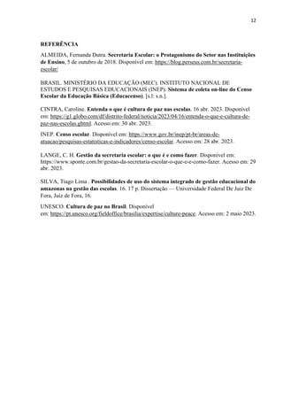 12
REFERÊNCIA
ALMEIDA, Fernanda Dutra. Secretaria Escolar: o Protagonismo do Setor nas Instituições
de Ensino, 5 de outubro de 2018. Disponível em: https://blog.perseus.com.br/secretaria-
escolar/
BRASIL. MINISTÉRIO DA EDUCAÇÃO (MEC). INSTITUTO NACIONAL DE
ESTUDOS E PESQUISAS EDUCACIONAIS (INEP). Sistema de coleta on-line do Censo
Escolar da Educação Básica (Educacenso). [s.l: s.n.].
CINTRA, Caroline. Entenda o que é cultura de paz nas escolas. 16 abr. 2023. Disponível
em: https://g1.globo.com/df/distrito-federal/noticia/2023/04/16/entenda-o-que-e-cultura-de-
paz-nas-escolas.ghtml. Acesso em: 30 abr. 2023.
INEP. Censo escolar. Disponível em: https://www.gov.br/inep/pt-br/areas-de-
atuacao/pesquisas-estatisticas-e-indicadores/censo-escolar. Acesso em: 28 abr. 2023.
LANGE, C. H. Gestão da secretaria escolar: o que é e como fazer. Disponível em:
https://www.sponte.com.br/gestao-da-secretaria-escolar-o-que-e-e-como-fazer. Acesso em: 29
abr. 2023.
SILVA, Tiago Lima . Possibilidades de uso do sistema integrado de gestão educacional do
amazonas na gestão das escolas. 16. 17 p. Dissertação — Universidade Federal De Juiz De
Fora, Juiz de Fora, 16.
UNESCO. Cultura de paz no Brasil. Disponível
em: https://pt.unesco.org/fieldoffice/brasilia/expertise/culture-peace. Acesso em: 2 maio 2023.
 
