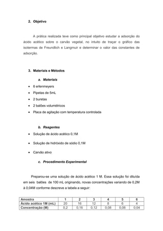 2. Objetivo
A prática realizada teve como principal objetivo estudar a adsorção do
ácido acético sobre o carvão vegetal, no intuito de traçar o gráfico das
isotermas de Freundlich e Langmuir e determinar o valor das constantes de
adsorção.
3. Materiais e Métodos
a. Materiais
• 6 erlenmeyers
• Pipetas de 5mL
• 2 buretas
• 2 balões volumétricos
• Placa de agitação com temperatura controlada
b. Reagentes
• Solução de ácido acético 0,1M
• Solução de hidróxido de sódio 0,1M
• Carvão ativo
c. Procedimento Experimental
Preparou-se uma solução de ácido acético 1 M. Essa solução foi diluída
em seis balões de 100 mL originando, novas concentrações variando de 0,2M
à 0,04M conforme descreve a tabela a seguir:
Amostra 1 2 3 4 5 6
Ácido acético 1M (mL) 20 16 12 8 6 4
Concentração (M) 0,2 0,16 0,12 0,08 0,06 0,04
 
