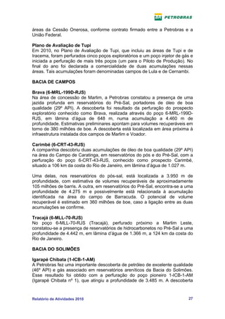 áreas da Cessão Onerosa, conforme contrato firmado entre a Petrobras e a
União Federal.

Plano de Avaliação de Tupi
Em 2010, no Plano de Avaliação de Tupi, que incluiu as áreas de Tupi e de
Iracema, foram perfurados cinco poços exploratórios e um poço injetor de gás e
iniciada a perfuração de mais três poços (um para o Piloto de Produção). No
final do ano foi declarada a comercialidade de duas acumulações nessas
áreas. Tais acumulações foram denominadas campos de Lula e de Cernambi.

BACIA DE CAMPOS

Brava (6-MRL-199D-RJS)
Na área de concessão de Marlim, a Petrobras constatou a presença de uma
jazida profunda em reservatórios do Pré-Sal, portadores de óleo de boa
qualidade (29º API). A descoberta foi resultado da perfuração do prospecto
exploratório conhecido como Brava, realizada através do poço 6-MRL-199D-
RJS, em lâmina d’água de 648 m, numa acumulação a 4.460 m de
profundidade. Estimativas preliminares apontam para volumes recuperáveis em
torno de 380 milhões de boe. A descoberta está localizada em área próxima à
infraestrutura instalada dos campos de Marlim e Voador.

Carimbé (6-CRT-43-RJS)
A companhia descobriu duas acumulações de óleo de boa qualidade (29º API)
na área do Campo de Caratinga, em reservatórios do pós e do Pré-Sal, com a
perfuração do poço 6-CRT-43-RJS, conhecido como prospecto Carimbé,
situado a 106 km da costa do Rio de Janeiro, em lâmina d’água de 1.027 m.

Uma delas, nos reservatórios do pós-sal, está localizada a 3.950 m de
profundidade, com estimativa de volumes recuperáveis de aproximadamente
105 milhões de barris. A outra, em reservatórios do Pré-Sal, encontra-se a uma
profundidade de 4.275 m e possivelmente está relacionada à acumulação
identificada na área do campo de Barracuda. O potencial de volume
recuperável é estimado em 360 milhões de boe, caso a ligação entre as duas
acumulações se confirme.

Tracajá (6-MLL-70-RJS)
No poço 6-MLL-70-RJS (Tracajá), perfurado próximo a Marlim Leste,
constatou-se a presença de reservatórios de hidrocarbonetos no Pré-Sal a uma
profundidade de 4.442 m, em lâmina d’água de 1.366 m, a 124 km da costa do
Rio de Janeiro.

BACIA DO SOLIMÕES

Igarapé Chibata (1-ICB-1-AM)
A Petrobras fez uma importante descoberta de petróleo de excelente qualidade
(46º API) e gás associado em reservatórios areníticos da Bacia do Solimões.
Esse resultado foi obtido com a perfuração do poço pioneiro 1-ICB-1-AM
(Igarapé Chibata nº 1), que atingiu a profundidade de 3.485 m. A descoberta



Relatório de Atividades 2010                                               27
 