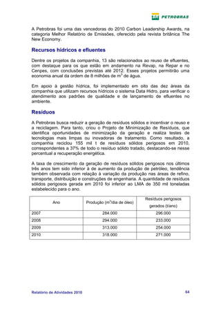 A Petrobras foi uma das vencedoras do 2010 Carbon Leadership Awards, na
categoria Melhor Relatório de Emissões, oferecido pela revista britânica The
New Economy.

Recursos hídricos e efluentes
Dentre os projetos da companhia, 13 são relacionados ao reuso de efluentes,
com destaque para os que estão em andamento na Revap, na Repar e no
Cenpes, com conclusões previstas até 2012. Esses projetos permitirão uma
economia anual da ordem de 8 milhões de m3 de água.

Em apoio à gestão hídrica, foi implementado em oito das dez áreas da
companhia que utilizam recursos hídricos o sistema Data Hidro, para verificar o
atendimento aos padrões de qualidade e de lançamento de efluentes no
ambiente.

Resíduos
A Petrobras busca reduzir a geração de resíduos sólidos e incentivar o reuso e
a reciclagem. Para tanto, criou o Projeto de Minimização de Resíduos, que
identifica oportunidades de minimização da geração e realiza testes de
tecnologias mais limpas ou inovadoras de tratamento. Como resultado, a
companhia reciclou 155 mil t de resíduos sólidos perigosos em 2010,
correspondentes a 37% de todo o resíduo sólido tratado, destacando-se nesse
percentual a recuperação energética.

A taxa de crescimento da geração de resíduos sólidos perigosos nos últimos
três anos tem sido inferior à de aumento da produção de petróleo, tendência
também observada com relação à variação da produção nas áreas de refino,
transporte, distribuição e construções de engenharia. A quantidade de resíduos
sólidos perigosos gerada em 2010 foi inferior ao LMA de 350 mil toneladas
estabelecido para o ano.

                                                           Resíduos perigosos
           Ano                 Produção (m3/dia de óleo)
                                                             gerados (t/ano)
2007                                   284.000                  296.000
2008                                   294.000                  233.000
2009                                   313.000                  254.000
2010                                   318.000                  271.000




Relatório de Atividades 2010                                                    64
 