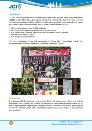 Odori Fest
O Odori Fest é um evento anual realizado pelo Grupo Hikari que tem como objetivo resgatar a
tradição do Bon-Odori, dança que celebra a amizade e a alegria. Nos dias 12 e 13 de novembro
foi realizada a sua sexta edição e a JCI Londrina foi responsável pela comercialização dos pasteis
tendo como objetivo arrecadar fundos para o custeio dos seus projetos em 2012.

1.   16 horas de evento com mais de 3000 visitantes
2.   Mais de 15 colaboradores diretos entre membros e apoiadores
3.   Mais de 740 pasteis vendidos, além de vendas de bombons e “iscas” de pastel
4.   Arrecadação total de R$ 1.355,20
5.   Mais de 330 visualizações online

Parceiros: Associação Comercial e Industrial de Londrina – ACIL, Grupo Hikari, Box Big Dog,
Antares Informática, Pastel do Fernando, Zoom Arte Impressões Digitais




Perspectivas
O objetivo para 2012 é participar novamente do Odori Fest, que propiciou não só uma fonte de
arrecadação para o custeio dos projetos da JCI Londrina mas também bastante experiência em
relação a planejamento, organização, controle de vendas e produção e divulgação. Espera-se que
em 2012 o evento seja ainda maior, permitindo uma participação ainda melhor da JCI Londrina e
seus parceiros.




                                                                   Relatório de Atividades 2011
 12
                                                          Junior Chamber International Londrina
 
