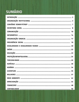 FETAEP
FETAEP
FETAEP
Anual
Anual
Anual
Relatório
Relatório
Relatório
Atividades
Atividades
Atividades
de
de
de 2020
2020
2020
SUMÁRIO
INTRODUÇÃO .......................................................................................................................... 2
ORGANIZAÇÃO INSTITUCIONAL ............................................................................................. 3
CONVÊNIO SENAR/FETAEP ................................................................................................... 7
SECRETARIA GERAL ................................................................................................................ 8
COMUNICAÇÃO ....................................................................................................................... 10
INFORMÁTICA ...................................................................................................................... 14
ORGANIZAÇÃO SINDICAL ..................................................................................................... 17
PREVIDÊNCIA SOCIAL ........................................................................................................... 19
ASSALARIADOS E ASSALARIADAS RURAIS .......................................................................... 20
SAÚDE ........................................................................................................................................ 22
EDUCAÇÃO ................................................................................................................................. 23
PROTEÇÃOINFANTOJUVENIL....................................................................................................24
TERCEIRA IDADE ........................................................................................................................ 25
AGRÍCOLA ............................................................................................................................. 26
AGRÁRIA ............................................................................................................................... 34
JUVENTUDE .......................................................................................................................... 35
MULHERES ........................................................................................................................... 37
MEIO AMBIENTE ................................................................................................................... 42
ARRECADAÇÃO ..................................................................................................................... 44
FINANCEIRO ......................................................................................................................... 48
CONTABILIDADE ................................................................................................................... 50
 
