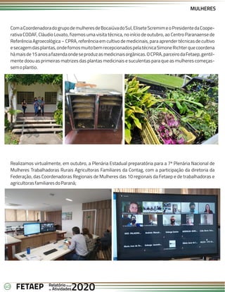 40 Anual
Anual
Anual
Relatório
Relatório
Relatório
Atividades
Atividades
Atividades
de
de
de 2020
2020
2020
FETAEP
FETAEP
FETAEP
ComaCoordenadoradogrupodemulheresdeBocaiúvadoSul,EliseteScremimeoPresidentedaCoope-
rativa CODAF, Cláudio Lovato, fizemos uma visita técnica, no início de outubro, ao Centro Paranaense de
Referência Agroecológica – CPRA, referência em cultivo de medicinais, para aprender técnicas de cultivo
esecagemdasplantas,ondefomosmuitobemrecepcionadospelatécnicaSimoneRichterquecoordena
hámaisde15anosafazendaondeseproduzasmedicinaisorgânicas.OCPRA,parceirodaFetaep,gentil-
mente doou as primeiras matrizes das plantas medicinais e suculentas para que as mulheres começas-
semoplantio.
MULHERES
Realizamos virtualmente, em outubro, a Plenária Estadual preparatória para a 7ª Plenária Nacional de
Mulheres Trabalhadoras Rurais Agricultoras Familiares da Contag, com a participação da diretoria da
Federação, das Coordenadoras Regionais de Mulheres das 10 regionais da Fetaep e de trabalhadoras e
agricultorasfamiliaresdoParaná;
 