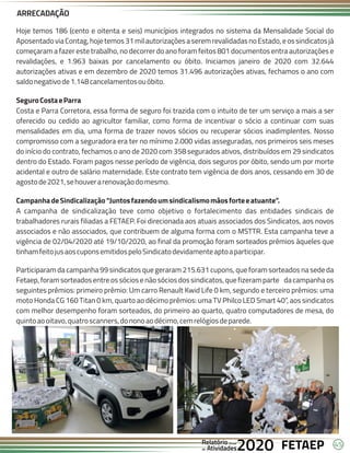 45
FETAEP
FETAEP
FETAEP
Anual
Anual
Anual
Relatório
Relatório
Relatório
Atividades
Atividades
Atividades
de
de
de 2020
2020
2020
Hoje temos 186 (cento e oitenta e seis) municípios integrados no sistema da Mensalidade Social do
Aposentadovia Contag,hoje temos 31 mil autorizações a serem revalidadas no Estado, e os sindicatos já
começaram a fazer este trabalho, no decorrer do ano foram feitos 801 documentos entra autorizações e
revalidações, e 1.963 baixas por cancelamento ou óbito. Iniciamos janeiro de 2020 com 32.644
autorizações ativas e em dezembro de 2020 temos 31.496 autorizações ativas, fechamos o ano com
saldonegativode1.148cancelamentosouóbito.
SeguroCostaeParra
Costa e Parra Corretora, essa forma de seguro foi trazida com o intuito de ter um serviço a mais a ser
oferecido ou cedido ao agricultor familiar, como forma de incentivar o sócio a continuar com suas
mensalidades em dia, uma forma de trazer novos sócios ou recuperar sócios inadimplentes. Nosso
compromisso com a seguradora era ter no mínimo 2.000 vidas asseguradas, nos primeiros seis meses
do início do contrato, fechamos o ano de 2020 com 358 segurados ativos, distribuídos em 29 sindicatos
dentro do Estado. Foram pagos nesse período de vigência, dois seguros por óbito, sendo um por morte
acidental e outro de salário maternidade. Este contrato tem vigência de dois anos, cessando em 30 de
agostode2021,sehouverarenovaçãodomesmo.
CampanhadeSindicalização“Juntosfazendoumsindicalismomãosforteeatuante”.
A campanha de sindicalização teve como objetivo o fortalecimento das entidades sindicais de
trabalhadores rurais filiadas a FETAEP. Foi direcionada aos atuais associados dos Sindicatos, aos novos
associados e não associados, que contribuem de alguma forma com o MSTTR. Esta campanha teve a
vigência de 02/04/2020 até 19/10/2020, ao final da promoção foram sorteados prêmios àqueles que
tinhamfeitojusaoscuponsemitidospeloSindicatodevidamenteaptoaparticipar.
Participaram da campanha 99 sindicatos que geraram 215.631 cupons, que foram sorteados na sede da
Fetaep,foram sorteados entre os sócios e não sócios dos sindicatos, que fizeramparte da campanha os
seguintes prêmios: primeiro prêmio: Um carro Renault Kwid Life 0 km, segundo e terceiro prêmios: uma
moto Honda CG 160 Titan 0 km, quarto ao décimo prêmios: uma TV Philco LED Smart 40”, aos sindicatos
com melhor desempenho foram sorteados, do primeiro ao quarto, quatro computadores de mesa, do
quintoaooitavo,quatroscanners,dononoaodécimo,cemrelógiosdeparede.
ARRECADAÇÃO
 