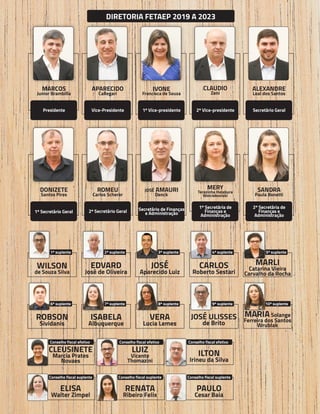 52 Anual
Anual
Anual
Relatório
Relatório
Relatório
Atividades
Atividades
Atividades
de
de
de 2020
2020
2020
FETAEP
FETAEP
FETAEP
Presidente
MARCOS
Junior Brambilla
1º Vice-presidente
IVONE
Francisca de Souza
Vice-Presidente
APARECIDO
Callegari
2º Vice-presidente
CLAUDIO
Zeni
Secretário Geral
ALEXANDRE
Leal dos Santos
1º Secretário Geral
DONIZETE
Santos Pires
Secretário de Finanças
e Administração
JOSÉ AMAURI
Denck
2º Secretário Geral
ROMEU
Carlos Scherer
1º Secretária de
Finanças e
Administração
MERY
Terezinha Halabura
Woiciekoviski
2º Secretária de
Finanças e
Administração
SANDRA
Paula Bonetti
 