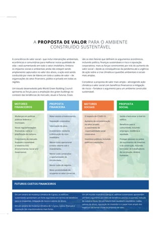 14
CERTIFICAÇÕES
A PROPOSTA DE VALOR PARA O AMBIENTE
CONSTRUÍDO SUSTENTÁVEL
A consciência do valor social – que inclui intervenções ambientais,
econômicas e comunitárias para melhorar nossa qualidade de
vida – está aumentando em todo o setor imobiliário. Embora
os impactos sociais e ambientais ainda não estejam sendo
amplamente capturados no valor dos ativos, a ação está sendo
conduzida por meio de líderes em toda a cadeia de valor – de
organizações do setor financeiro, público e privado em todas as
regiões.
Um estudo desenvolvido pelo World Green Building Council
apresenta as forças para a ampliação dos green buildings no
contexto das tendências de mercado, atuais e futuras. Esses
são os dois fatores que definem os argumentos econômicos,
incluindo política, finanças sustentáveis e risco e reputação
corporativos; mais as forças convincentes por trás do aumento do
valor social – desde as consequências da pandemia até a urgência
de ação sobre a crise climática e questões ambientais e sociais
mais amplas.
Considerar a proposta de valor mais ampla – abrangendo ação
climática e valor social com benefícios financeiros e mitigação
de riscos – fortalece o argumento para um ambiente construído
sustentável.
Mudanças em políticas
públicas federais e
municipais.
Novas regulamentações
financeiras, como a
precificação do carbono.
Crescimento do mercado
financeiro sustentável
e relatórios ESG
(Environmental, Social and
Governance).
O impacto da COVID-19.
Aumento da conscientização
no setor privado
e crescimento da
responsabilidade social
corporativa.
Incentivos públicos, incluindo
políticas e aquisições.
Maior acesso a investimentos.
Reputação corporativa.
Valorização do ativo.
Investimento resiliente
e diminuição do risco
imobiliário.
Menor custo operacional
e maior retorno sob o
investimento.
Menor custo construtivo
e oportunidades de
circularidade.
Menor custo de seguros.
Maior produtividade do
ocupante no setor comercial.
Saúde e bem-estar a nível do
edifício.
Benefícios para a
comunidade, incluindo
empregos, resiliência e
equidade.
Proteger pessoas na cadeia
de suprimentos de materiais
e da construção, incluindo
bem-estar de trabalhadores
da construção, direitos
humanos.
Em um cenário de mudança climática de 3 graus, os edifícios
sustentáveis apresentam um forte argumento em termos de benefícios
para os ocupantes, mitigação de riscos e valores de ativos.
Em um cenário de mudança climática de 1,5 grau, custos, finanças e
reputação são impulsionadores mais fortes.
Em um mundo insalubre e desigual, edifícios sustentáveis apresentam
um forte argumento por meio de benefícios para os ocupantes, redução
de custos e riscos. Em um futuro mais saudável e equitativo, custos,
valores de ativos, reputação do investidor e o papel mais amplo dos
negócios são temas-chave na proposta de valor.
 
