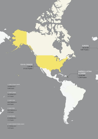 1º LUGAR: ESTADOS UNIDOS
1.05 Bilhões de m²
74.080 Projetos
2º LUGAR: CANADÁ
128.5 Milhões de m²
7.271 Projetos
3º LUGAR: CHINA
340.87 Milhões de m²
6.624 Projetos
4º LUGAR: ÍNDIA
220.53 Milhões de m²
3.758 Projetos
5º LUGAR: BRASIL
47.09 Milhões de m²
1.721 Projetos
6º LUGAR: EMIRADOS ÁRABES UNIDOS
61.73 Milhões de m²
1.250 Projetos
EUA & CANADÁ
1.245 BM
81.352 Projetos
AMÉRICA LATINA
& CARIBE
124.89 MM
5.268 Projetos
EUROPA
198.38 MM
7.807 Projetos
 