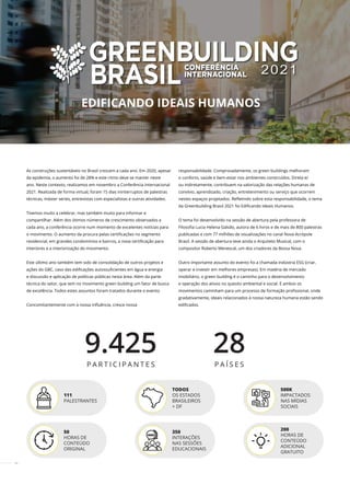 46
As construções sustentáveis no Brasil crescem a cada ano. Em 2020, apesar
da epidemia, o aumento foi de 28% e este ritmo deve se manter neste
ano. Neste contexto, realizamos em novembro a Conferência Internacional
2021. Realizada de forma virtual, foram 15 dias ininterruptos de palestras
técnicas, máster series, entrevistas com especialistas e outras atividades.
Tivemos muito a celebrar, mas também muito para informar e
compartilhar. Além dos ótimos números de crescimento observados a
cada ano, a conferência ocorre num momento de excelentes notícias para
o movimento. O aumento da procura pelas certificações no segmento
residencial, em grandes condomínios e bairros, a nova certificação para
interiores e a interiorização do movimento.
Este último ano também tem sido de consolidação de outros projetos e
ações do GBC, caso das edificações autossuficientes em água e energia
e discussão e aplicação de políticas públicas nesta área. Além da parte
técnica do setor, que tem no movimento green building um fator de busca
de excelência. Todos estes assuntos foram tratados durante o evento.
Concomitantemente com a nossa inﬂuência, cresce nossa
responsabilidade. Comprovadamente, os green buildings melhoram
o conforto, saúde e bem-estar nos ambientes construídos. Direta e/
ou indiretamente, contribuem na valorização das relações humanas de
convívio, aprendizado, criação, entretenimento ou serviço que ocorrem
nestes espaços projetados. Reﬂetindo sobre esta responsabilidade, o tema
da Greenbuilding Brasil 2021 foi Edificando Ideais Humanos.
O tema foi desenvolvido na sessão de abertura pela professora de
Filosofia Lucia Helena Galvão, autora de 6 livros e de mais de 800 palestras
publicadas e com 77 milhões de visualizações no canal Nova Acrópole
Brasil. A sessão de abertura teve ainda o Arquiteto Musical, com o
compositor Roberto Menescal, um dos criadores da Bossa Nova.
Outro importante assunto do evento foi a chamada indústria ESG (criar,
operar e investir em melhores empresas). Em matéria de mercado
imobiliário, o green building é o caminho para o desenvolvimento
e operação dos ativos no quesito ambiental e social. E ambos os
movimentos caminham para um processo de formação profissional, onde
gradativamente, ideais relacionados à nossa natureza humana estão sendo
edificados.
9.425
P A R T I C I P A N T E S
28
P A Í S E S
EDIFICANDO IDEAIS HUMANOS
50
HORAS DE
CONTEÚDO
ORIGINAL
111
PALESTRANTES
TODOS
OS ESTADOS
BRASILEIROS
+ DF
350
INTERAÇÕES
NAS SESSÕES
EDUCACIONAIS
500K
IMPACTADOS
NAS MÍDIAS
SOCIAIS
200
HORAS DE
CONTEÚDO
ADICIONAL
GRATUITO
 