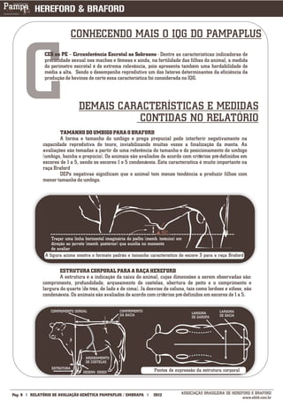 CONHECENDO MAIS O IQG DO PAMPAPLUS




         C
               CES ou PE – Circunferência Escrotal ao Sobreano - Dentre as características indicadoras de
               precocidade sexual nos machos e fêmeas e ainda, na fertilidade das filhas do animal, a medida
               do perímetro escrotal é de extrema relevância, pois apresenta também uma herdabilidade de
               média a alta. Sendo o desempenho reprodutivo um dos fatores determinantes da eficiência da
               produção de bovinos de corte essa característica foi considerada no IQG.




                                           DEMAIS CARACTERÍSTICAS E MEDIDAS
                                                      CONTIDAS NO RELATÓRIO
                      TAMANHO DO UMBIGO PARA O BRAFORD
                      A forma e tamanho do umbigo e prega prepucial pode interferir negativamente na
              capacidade reprodutiva do touro, inviabilizando muitas vezes a finalização da monta. As
              avaliações são tomadas a partir de uma referência do tamanho e do posicionamento do umbigo
              (umbigo, bainha e prepúcio). Os animais são avaliados de acordo com critérios pré-definidos em
              escores de 1 a 5, sendo os escores 1 e 5 condenáveis. Esta característica é muito importante na
              raça Braford
                      DEPs negativas significam que o animal tem menos tendência a produzir filhos com
              menor tamanho do umbigo.




                                                                                        ---------
                                                              45º
                  -------------------------------------------------------------------------
                  Traçar uma linha horizontal imaginária do joelho (memb. torácico) em
                  direção ao jarrete (memb. posterior) que auxilia no momento
                  de avaliar
               A figura acima mostra o formato padrão e tamanho característico de escore 3 para a raça Braford


                      ESTRUTURA CORPORAL PARA A RAÇA HEREFORD
                      A estrutura é a indicação da caixa do animal, cujas dimensões a serem observadas são:
              comprimento, profundidade, arqueamento de costelas, abertura de peito e o comprimento e
              largura do quarto (de trás, de lado e de cima). Já desvios de coluna, tais como lordose e xifose, são
              condenáveis. Os animais são avaliados de acordo com critérios pré-definidos em escores de 1 a 5.

                  COMPRIMENTO DORSAL                                      COMPRIMENTO                                        LARGURA
                                                                          DA BACIA                             LARGURA
                                                                                                               DE GARUPA     DE BACIA
                              ----------




                                                      ----------


                                                                   ----------




                                            ARQUEAMENTO
                                            DE COSTELAS
                  ESTRUTURA
                                           DESENV. ÓSSEO                                      Pontos de expressão da estrutura corporal


___________
Pág: 9   RELATÓRIO DE AVALIAÇÃO GENÉTICA PAMPAPLUS / EMBRAPA                                 2012         ASSOCIAÇÃO BRASILEIRA DE HEREFORD E BRAFORD
                                                                                                                                        www.abhb.com.br
 