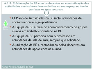 A.1.5. Colaboração da BE com os docentes na concretização das actividades curriculares desenvolvidas no seu espaço ou tendo por base os seus recursos. O Plano de Actividades da BE inclui actividades de apoio curricular a grupos/alunos. A Equipa da BE auxilia no acompanhamento de grupos  alunos em trabalho orientado na BE. A Equipa da BE participa com o professor em actividades de sala de aula, sempre que solicitado. A utilização da BE é rentabilizada pelos docentes em actividades de apoio com os alunos. 