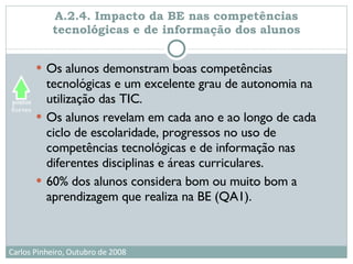 A.2.4. Impacto da BE nas competências tecnológicas e de informação dos alunos Os alunos demonstram boas competências tecnológicas e um excelente grau de autonomia na utilização das TIC. Os alunos revelam em cada ano e ao longo de cada ciclo de escolaridade, progressos no uso de competências tecnológicas e de informação nas diferentes disciplinas e áreas curriculares. 60% dos alunos considera bom ou muito bom a aprendizagem que realiza na BE (QA1). 