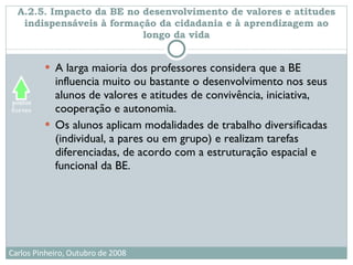A.2.5. Impacto da BE no desenvolvimento de valores e atitudes indispensáveis à formação da cidadania e à aprendizagem ao longo da vida A larga maioria dos professores considera que a BE influencia muito ou bastante o desenvolvimento nos seus alunos de valores e atitudes de convivência, iniciativa, cooperação e autonomia.  Os alunos aplicam modalidades de trabalho diversificadas (individual, a pares ou em grupo) e realizam tarefas diferenciadas, de acordo com a estruturação espacial e funcional da BE. 