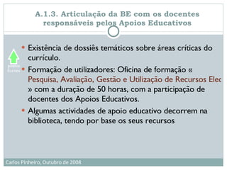 A.1.3. Articulação da BE com os docentes responsáveis pelos Apoios Educativos Existência de dossiês temáticos sobre áreas críticas do currículo. Formação de utilizadores: Oficina de formação « Pesquisa, Avaliação, Gestão e Utilização de Recursos Electrónicos na Escola e Centro de Recursos » com a duração de 50 horas, com a participação de docentes dos Apoios Educativos. Algumas actividades de apoio educativo decorrem na biblioteca, tendo por base os seus recursos  