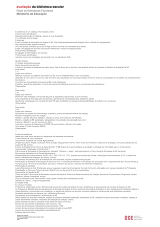Relatório de avaliação
1501116 Escola Básica Pedro Nunes, Alcácer do Sal
2013/08/09 10:55:09
4/30
A existência de um catálogo informatizado online.
Pontos fracos identificados
Reduzida exploração do catálogo, apesar da sua divulgação.
D.3.5 Difusão da informação
Evidências
Existe a difusão de informação no blogue da BE: http://bibliotecasalcacerdosal.blogspot.pt/e no Moodle do Agrupamento:
http://ebpedronunes.website.online.pt/
79% dos alunos considera que a BE divulga os seus recursos e as atividades que realiza.
Existe a divulgação de recursos na sala de professores e na BE em espaço próprio.
Pontos fortes identificados
Divulgação da informação e de recursos.
Pontos fracos identificados
reduzido número de estratégias de interação com os utilizadores Web.
Quadro Síntese
D. Gestão da biblioteca escolar
Motivo da escolha do domínio
Concluir o processo de avaliação de quatro anos. Este é último ano e domínio a ser avaliado dentro do processo do Modelo de Avaliação da BE.
Nível obtido
3.17
Ações para melhoria
Reforçar e articular os objetivos de trabalho da BE com os Departamentos e com os docentes.
atribuição de uma verba no início de cada ano letivo para aquisições de fundo documental, tendo em conta as necessidades e prioridades dos Departamentos
Curriculares.
Inventariar as necessidades funcionais da BE e dos utilizadores.
Equilibrar, através de aquisições, o fundo documental da biblioteca de acordo com os interesses dos utilizadores.
Observações
--
Nível obtido
2.80
Ações para melhoria
Promover mais formação na área das BE para as assistentes operacionais e para docentes.
Criar programas de formação para as literacias, atendendo às necessidades dos utilizadores da BE.
Aprofundar a articulação com os docentes das TIC para rentabilizar os equipamentos/possibilidades de trabalho com os alunos.
Observações
--
Nível obtido
3.00
Ações para melhoria
Apresentar aos órgãos de administração e gestão a política de desenvolvimento da coleção.
Realizar avaliações anuais da coleção.
Detetar os pontos fracos da coleção e reforçar as áreas com carências identificadas.
Manter a coleção da BE atualizada e adequada às necessidades da população que serve.
Explorar e difundir o uso de recursos em linha.
Incentivar o recurso de dispositivos da WEB 2.0 para produzir e difundir informação.
Concretizar o Portal Concelhio RBSAL
Observações
--
Fontes de evidências
Neste item pode incluir excertos ou referências de diferentes documentos.
Limite máximo de 2500 caracteres.
Documentos de gestão da Escola/ Agrupamento
(Projeto Educativo, Projeto Curricular, Plano de Ação, Regulamento Interno, Plano Anual de Atividades, relatórios de avaliação, currículos profissionais da
equipa da BE, outros.)
Excerto do Regulamento Interno do Agrupamento: "A BE proporciona oportunidades de produção e utilização de informação para o conhecimento,
compreensão, imaginação e divertimento..."
Plano Anual de Atividades do Agrupamento, intitulado: "Construir + saber", onde está inserido o Plano Anual de Atividades da BE da escola.
Documentos pedagógicos da Escola/Agrupamento
(Planificações dos departamentos, ACND, AEC, SAE, PTE-TIC, OTE, projetos curriculares das turmas, orientações/ recomendações do CP, trabalhos de
alunos, resultados de avaliação dos alunos, outros)
Documentos de planificação e de avaliação de cada atividade proposta e desenvolvida pela BE.
Planificação da atividade: dinamização da leitura do livro "O marquês de Pombal e o seu tempo" em articulação com o Departamento de Ciências Sociais e
Humanas para o 6º ano de escolaridade, para dar a conhecer aos alunos o alcance das reformas Pombalinas.
Planificação da atividade:
Leitura Expressiva do livro “Esdrúxulas, graves e agudas, magrinhas e barrigudas” de José Fanha (em articulação com o grupo disciplinar de Português).
Participação no Concurso "Uma Aventura Literária" com os alunos do 6º ano de escolaridade.
Documentos de Gestão da BE
(Plano de Ação, Plano Anual de Atividades, acordos de parceria, Política de Desenvolvimento da Coleção, Manual de Procedimentos, Regimento, horário,
relatórios, plantas, inventários, outros)
Guia de utilizador da BE Pedro Nunes, onde consta o horário de funcionamento da BE.
Semana da Leitura – Língua Portuguesa/BE
a) Projeto SOBE
b) Leituras Trocadas.
Protocolo de colaboração entre a Biblioteca da Escola Secundária de Alcácer do Sal e a Biblioteca do Agrupamento de Escolas de Alcácer do Sal:
As Professoras-Bibliotecárias do Agrupamento de Escolas de Alcácer do Sal e da Escola Secundária de Alcácer do Sal, respetivamente, Madalena Cabral e
Julieta Machado, comprometem-se a colaborar, no sentido de melhorar os serviços, recursos materiais e humanos das suas bibliotecas escolares.
Atividades planificadas em parceria com a Biblioteca Municipal.
Documentos de funcionamento e dinamização da BE
(Atas/ registos de reuniões/ contactos, registos de projetos/ atividades realizados, estatísticas da BE, materiais de apoio produzidos e editados, catálogo e
outras ferramentas utilizadas, resultados de avaliação da coleção, outros)
Dados estatísticos sobre a utilização da BE (Base de dados 2012/13)):
Número de documentos emprestados para domicílio: 736;
número de documentos emprestados presencialmente: 7867;
número de documentos emprestados em contexto de sala de aula:5687;
número de documentos emprestados interbibliotecas:60.
Catalogo diponivel online.
 