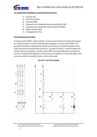 RELATÓRIO DE COMANDOS ELÉCTRICOS
2
Luanda ao 23 de Dezembro de 2014. Encarregado da Central Térmica do Rocha Pinto.
Departamento de Electroeletrónicos, DEE. Engenheiro Nelson Alberto Marinho de Lemos.
Os componentes utilizados na construção do circuito são:
1) 4 Fusíveis (Fv).
2) 1 Relé Térmico (Rt).
3) 1 Contator (KM).
4) 1 Botoreira com contato Normalmente Fechado NF (B0).
5) 1 Botoreira com contato Normalmente Aberto NA (B1).
6) 1 Motor trifásico (M1).
7) 2 Lâmpadas (H1 e H2).
Funcionamento dos circuitos
O contato auxiliar KM(71_72) do contator é o contato que permite alimentação da lâmpada
H2. Quando a bobina do contator KM não está energizado, o contato auxiliar KM(71_72)
permanece fechado e a lâmpada (H2) acende a qual indica que o painel está ligado e que o
motor não está em funcionamento conforme é ilustrado no circuito 1. Quando a bobina do
contator KM está energizado o contato auxiliar KM(71_72) abrir bloqueado a circulação da
corrente e a lâmpada H2 apaga. No circuito de força o PE significar a corrente de fuga e o seu
cabo é conectado na carcaça do motor e na terra (aterrado).
Circuito 1: Painel Está Ligado
 