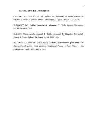 7
REFERÊNCIAS BIBLIOGRÁFICAS
CHAVES, J.B.P; SPROESSER, R.L. Práticas de laboratório de análise sensorial de
alimentos e bebidas (6 Ciências Exatas e Tecnológicas), Viçosa: UFV. p. 23‐27, 2005.
DUTCOSKY, D.S. Análise Sensorial de Alimentos. 3ª Edição, Editora: Champagnat.
PUCPR - Curitiba, 2011.
GULARTE, Márcia Arocha. Manual de Análise Sensorial de Alimentos. Universidade
Federal de Pelotas. Pelotas, Rio Grande do Sul. 2009. 105p.
INSTITUTO ADOLFO LUTZ (São Paulo). Métodos físico-químicos para análise de
alimentos/coordenadores Odair Zenebon, NeusSadoccoPascuet e Paulo Tiglea -- São
Paulo:Instituto Adolfo Lutz, 2008 p. 1020
 