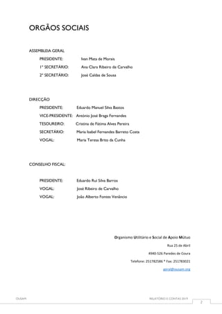 OUSAM RELATÓRIO E CONTAS 2019
2
ORGÃOS SOCIAIS
ASSEMBLEIA GERAL
PRESIDENTE: Ivan Mata de Morais
1º SECRETÁRIO: Ana Clara Ribeiro de Carvalho
2º SECRETÁRIO: José Caldas de Sousa
DIRECÇÃO
PRESIDENTE: Eduardo Manuel Silva Bastos
VICE-PRESIDENTE: António José Braga Fernandes
TESOUREIRO: Cristina de Fátima Alves Pereira
SECRETÁRIO: Maria Isabel Fernandes Barreto Costa
VOGAL: Maria Teresa Brito da Cunha
CONSELHO FISCAL:
PRESIDENTE: Eduardo Rui Silva Barros
VOGAL: José Ribeiro de Carvalho
VOGAL: João Alberto Fontes Venâncio
Organismo Utilitário e Social de Apoio Mútuo
Rua 25 de Abril
4940-526 Paredes de Coura
Telefone: 251782586 * Fax: 251783021
geral@ousam.org
 