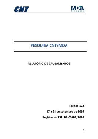 1
PESQUISA CNT/MDA
RELATÓRIO DE CRUZAMENTOS
Rodada 123
27 a 28 de setembro de 2014
Registro no TSE: BR-00892/2014
 