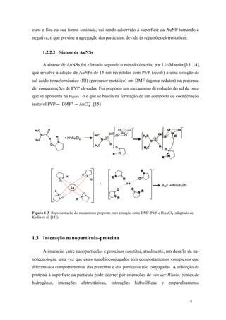 ouro e fica na sua forma ionizada, vai sendo adsorvido à superfície da AuNP tornando-a 
negativa, o que previne a agregação das partículas, devido às repulsões eletrostáticas. 
4 
1.2.2.2 Síntese de AuNSs 
A síntese de AuNSs foi efetuada segundo o método descrito por Liz-Marzán [13, 14], 
que envolve a adição de AuNPs de 15 nm revestidas com PVP (seeds) a uma solução de 
sal ácido tetracloroáurico (III) (percursor metálico) em DMF (agente redutor) na presença 
de concentrações de PVP elevadas. Foi proposto um mecanismo de redução do sal de ouro 
que se apresenta na Figura 1-3 e que se baseia na formação de um composto de coordenação 
instável PVP − DMF! − AuCl! ! 
.[15] 
Figura 1-3 Representação do mecanismo proposto para a reação entre DMF-PVP e HAuCl4 (adaptado de 
Kedia et al. [15]). 
1.3 Interação nanopartícula-proteina 
A interação entre nanopartículas e proteínas constitui, atualmente, um desafio da na-notecnologia, 
uma vez que estes nanobioconjugados têm comportamentos complexos que 
diferem dos comportamentos das proteínas e das partículas não conjugadas. A adsorção da 
proteína à superfície da partícula pode ocorrer por interações de van der Waals, pontes de 
hidrogénio, interações eletrostáticas, interações hidrofóficas e emparelhamento 
 