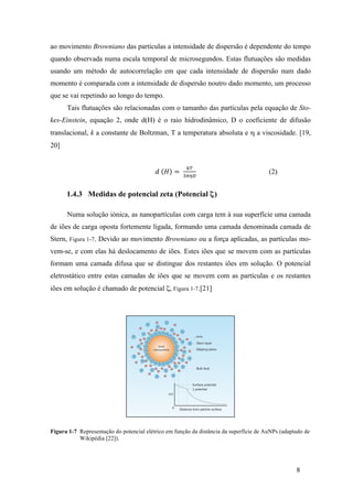 ao movimento Browniano das partículas a intensidade de dispersão é dependente do tempo 
quando observada numa escala temporal de microsegundos. Estas flutuações são medidas 
usando um método de autocorrelação em que cada intensidade de dispersão num dado 
momento é comparada com a intensidade de dispersão noutro dado momento, um processo 
que se vai repetindo ao longo do tempo. 
Tais flutuações são relacionadas com o tamanho das partículas pela equação de Sto-kes- 
Einstein, equação 2, onde d(H) é o raio hidrodinâmico, D o coeficiente de difusão 
translacional, k a constante de Boltzman, T a temperatura absoluta e η a viscosidade. [19, 
20] 
8 
푑 퐻 = !" 
!!"# (2) 
1.4.3 Medidas de potencial zeta (Potencial ζ) 
Numa solução iónica, as nanopartículas com carga tem à sua superfície uma camada 
de iões de carga oposta fortemente ligada, formando uma camada denominada camada de 
Stern, Figura 1-7. Devido ao movimento Browniano ou a força aplicadas, as partículas mo-vem- 
se, e com elas há deslocamento de iões. Estes iões que se movem com as partículas 
formam uma camada difusa que se distingue dos restantes iões em solução. O potencial 
eletrostático entre estas camadas de iões que se movem com as partículas e os restantes 
iões em solução é chamado de potencial ζ, Figura 1-7.[21] 
Figura 1-7 Representação do potencial elétrico em função da distância da superfície de AuNPs (adaptado de 
Wikipédia [22]). 
 